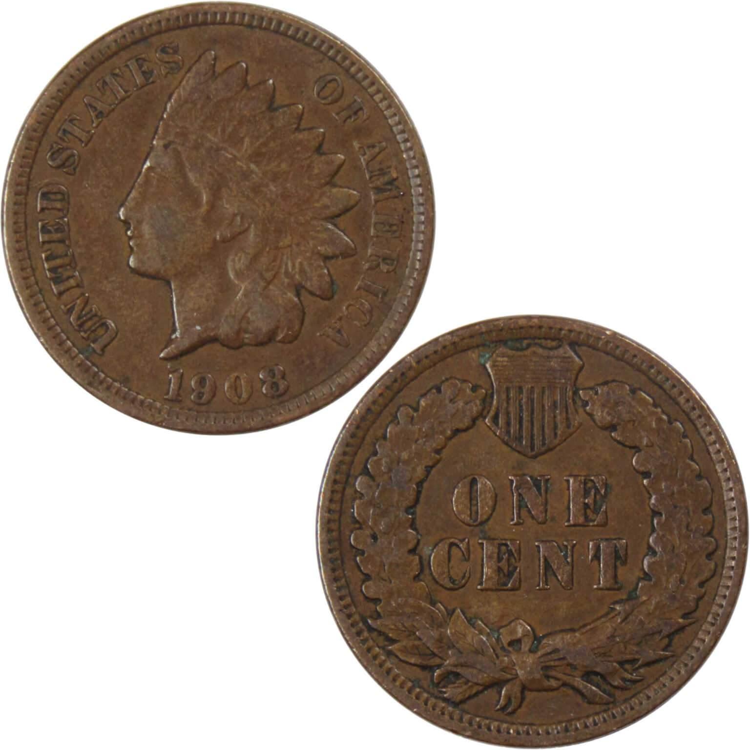 1908 Indian Head Cent F Fine Bronze Penny 1c Coin Collectible