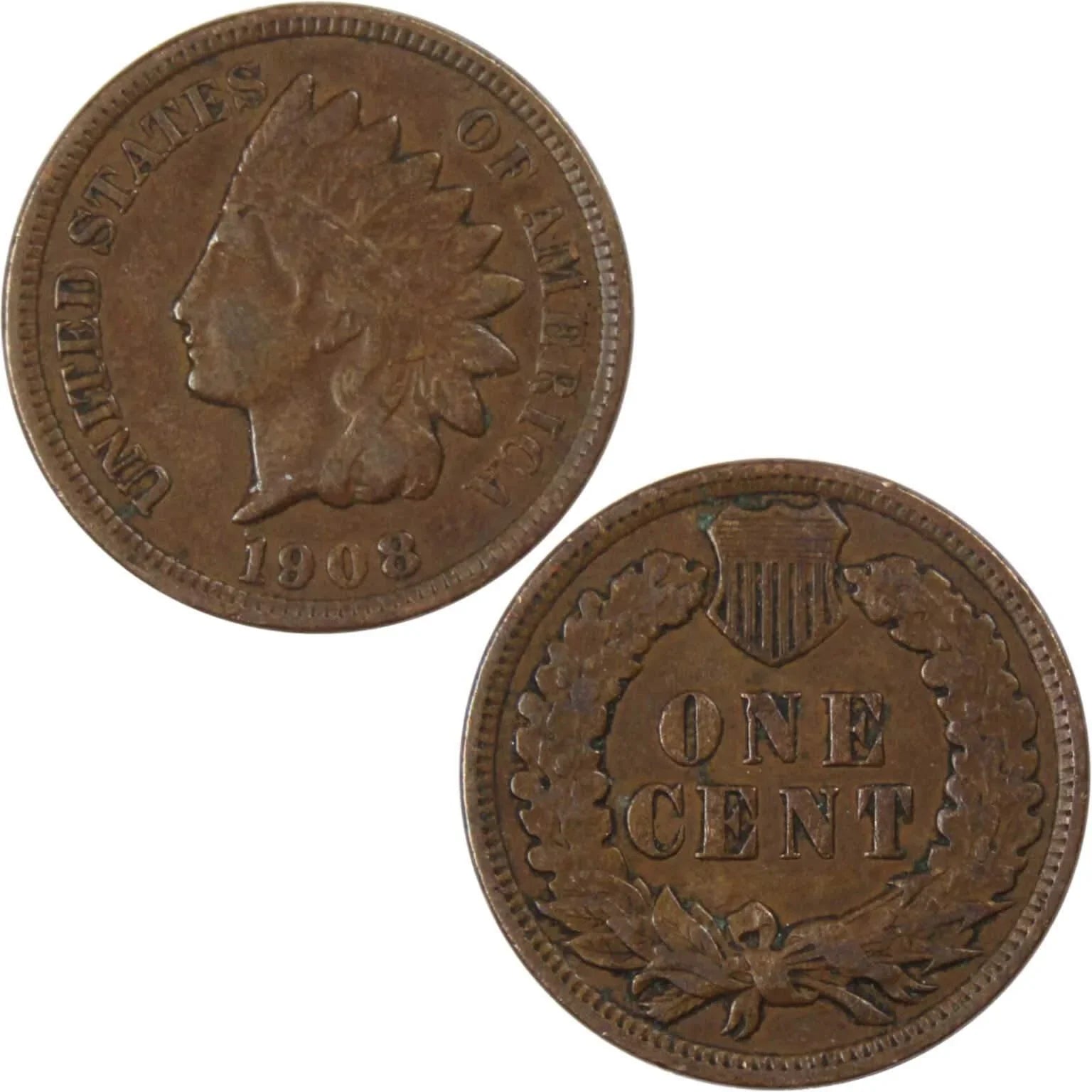 1908 Indian Head Cent F Fine Bronze Penny 1c Coin Collectible