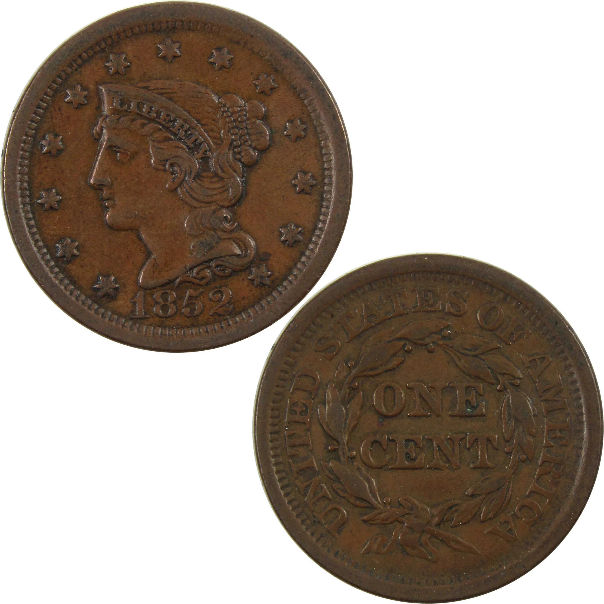 1852 Braided Hair Large Cent AU About Unc Copper Penny SKU:I4722