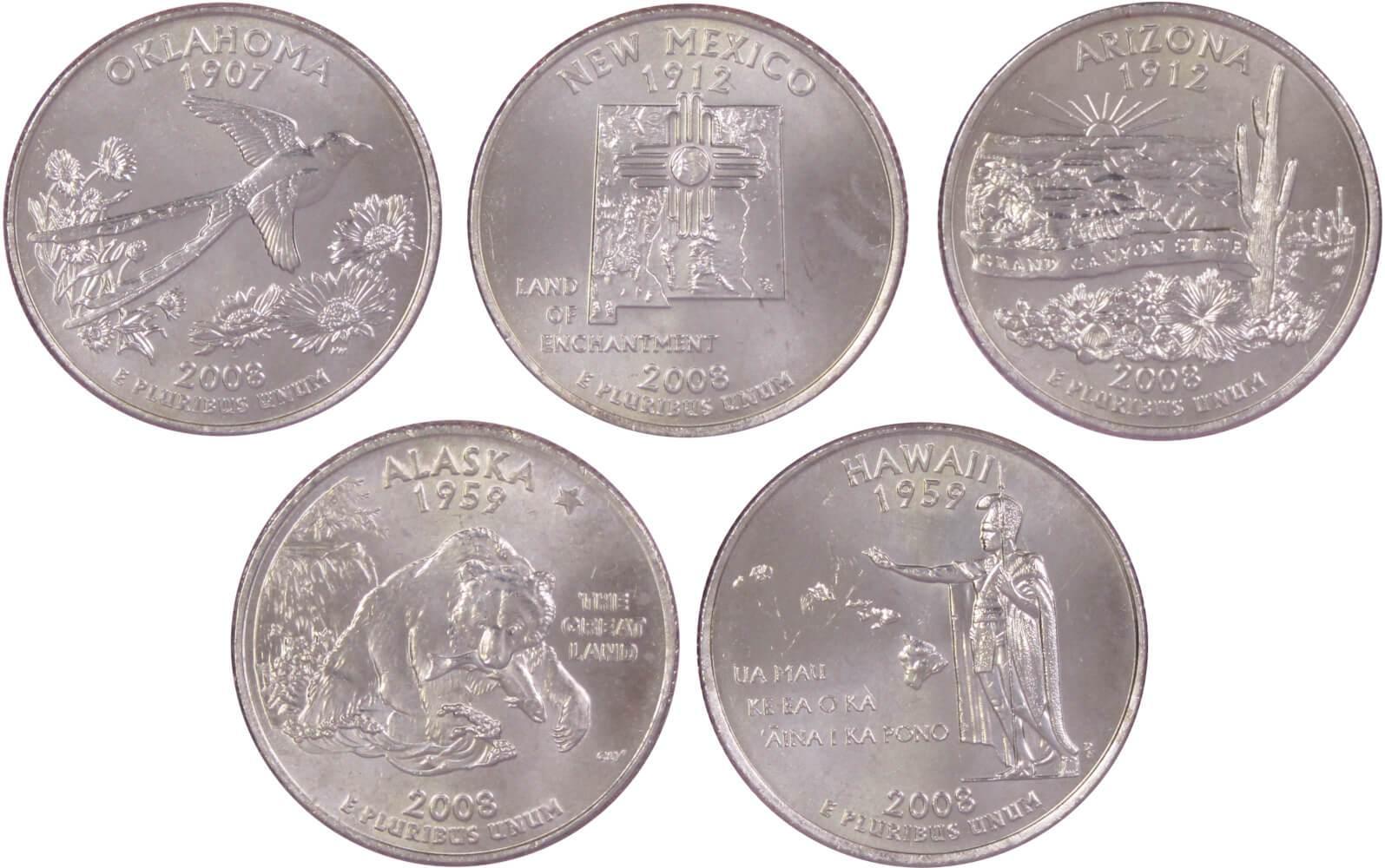 2008 P State Quarter 5 Coin Set BU Uncirculated Mint State 25c Collectible