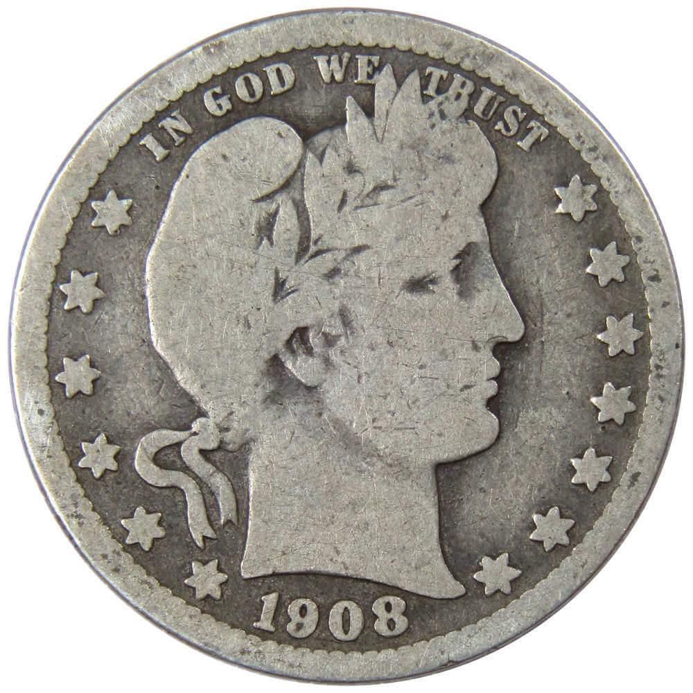 1908 Barber Quarter AG About Good 90% Silver 25c US Type Coin Collectible