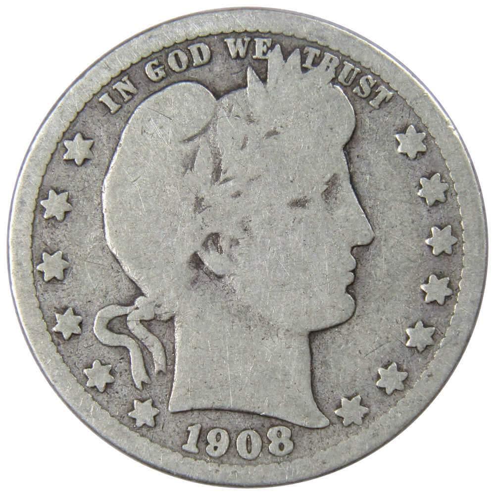 1908 D Barber Quarter AG About Good 90% Silver 25c US Type Coin Collectible