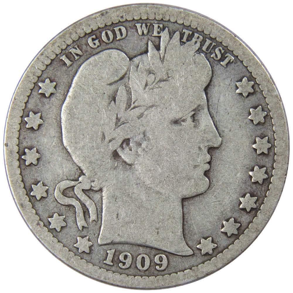 1909 Barber Quarter G Good 90% Silver 25c US Type Coin Collectible