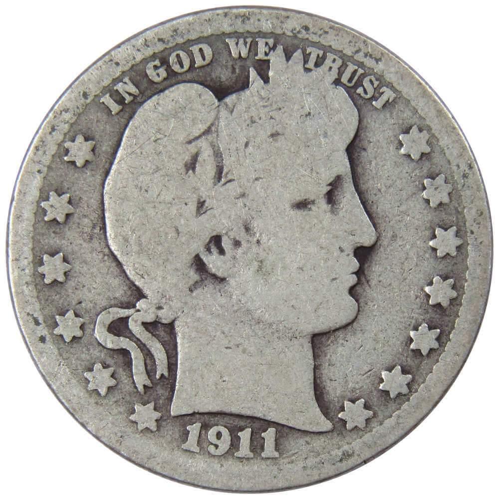 1911 Barber Quarter G Good 90% Silver 25c US Type Coin Collectible