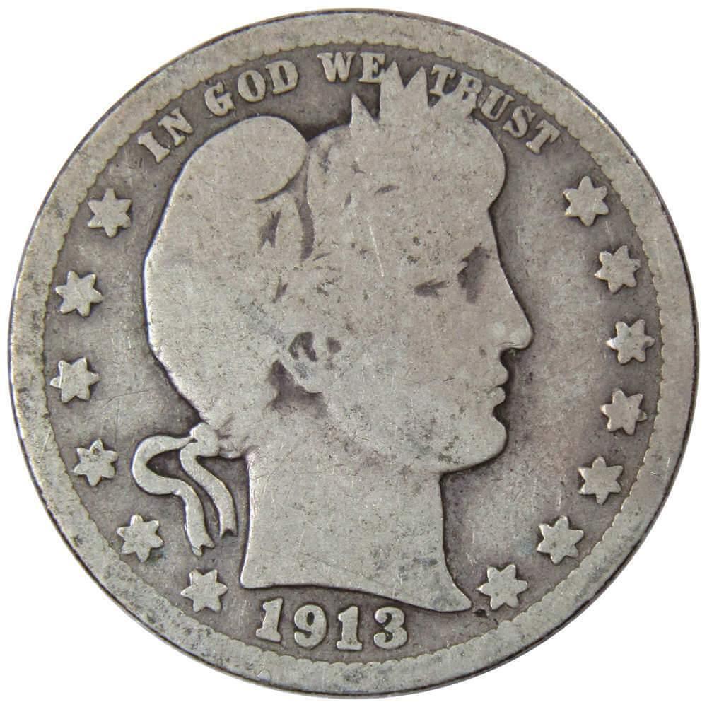 1913 Barber Quarter AG About Good 90% Silver 25c US Type Coin Collectible