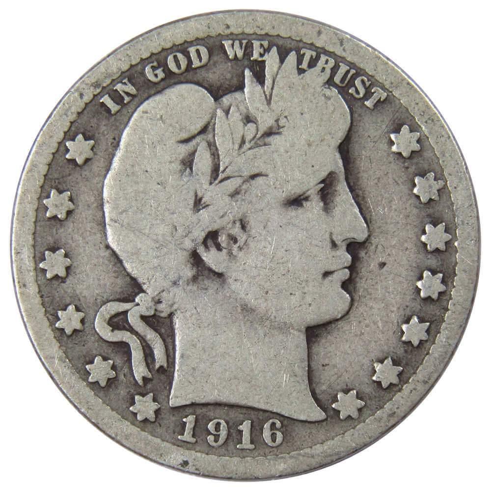 1916 Barber Quarter G Good 90% Silver 25c US Type Coin Collectible