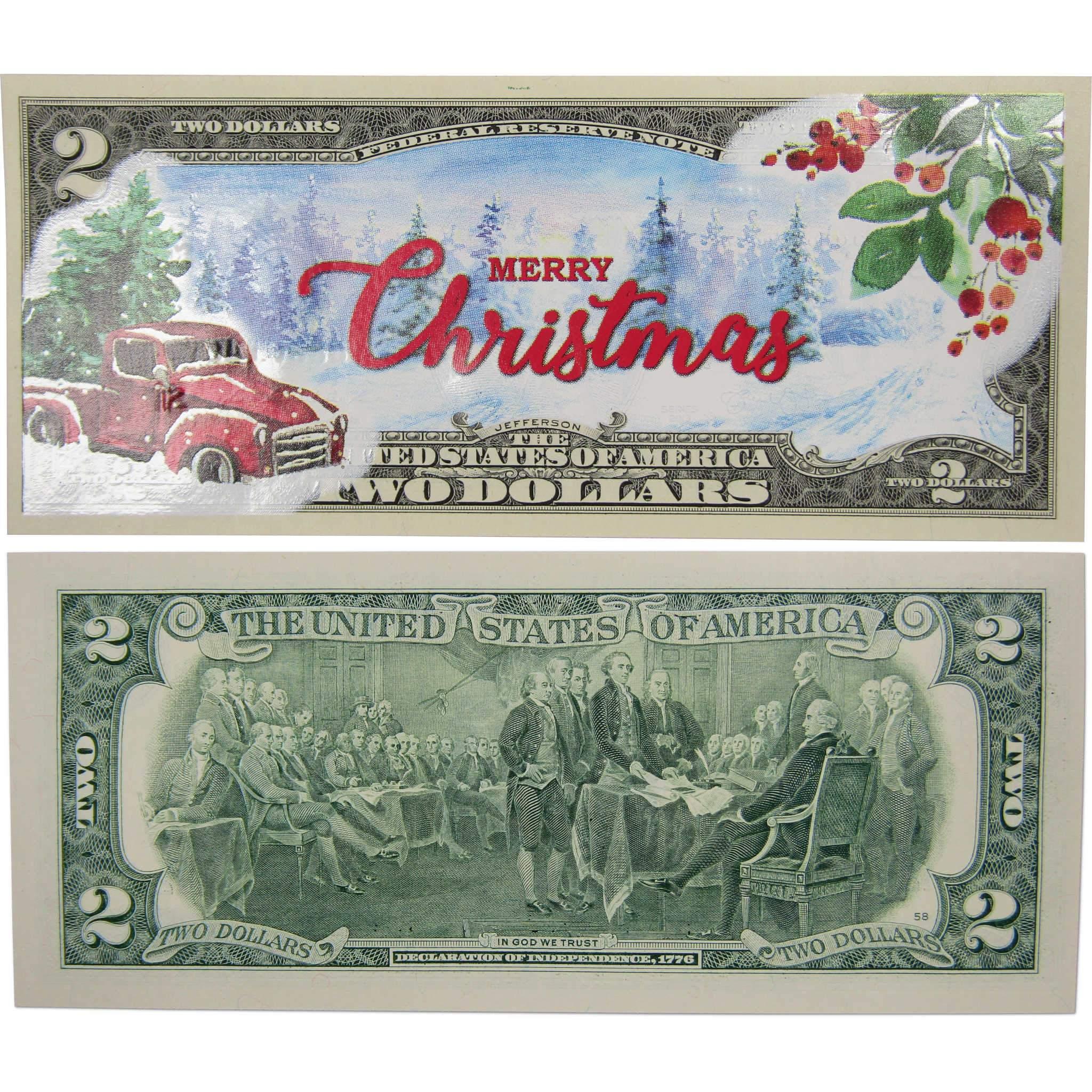 Colorized $2 Note Merry Christmas Card Red Truck Federal Reserve Small Size
