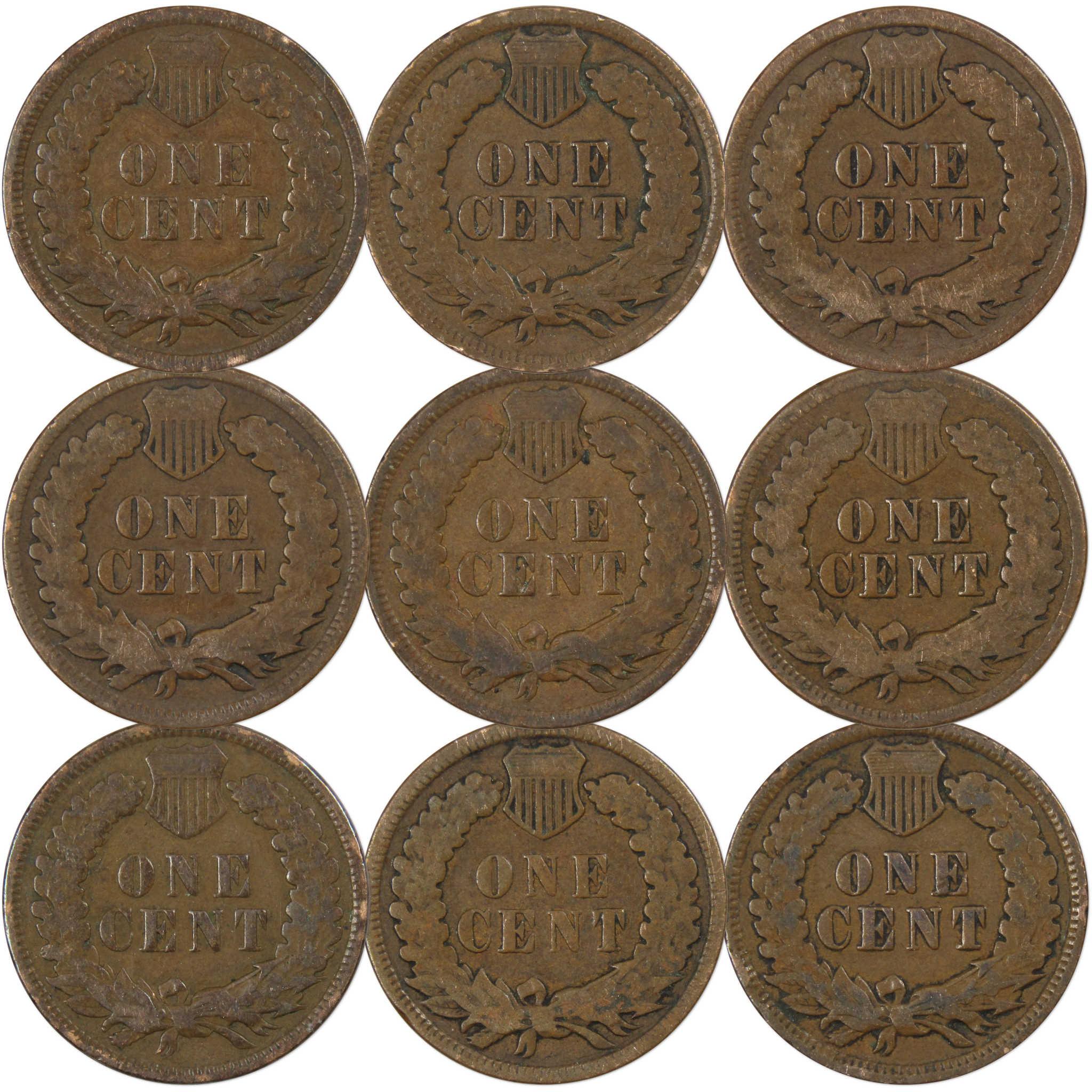 1900-1908 1c Indian Head Cent Penny 9 Coin Collectible Gift Set AG About Good