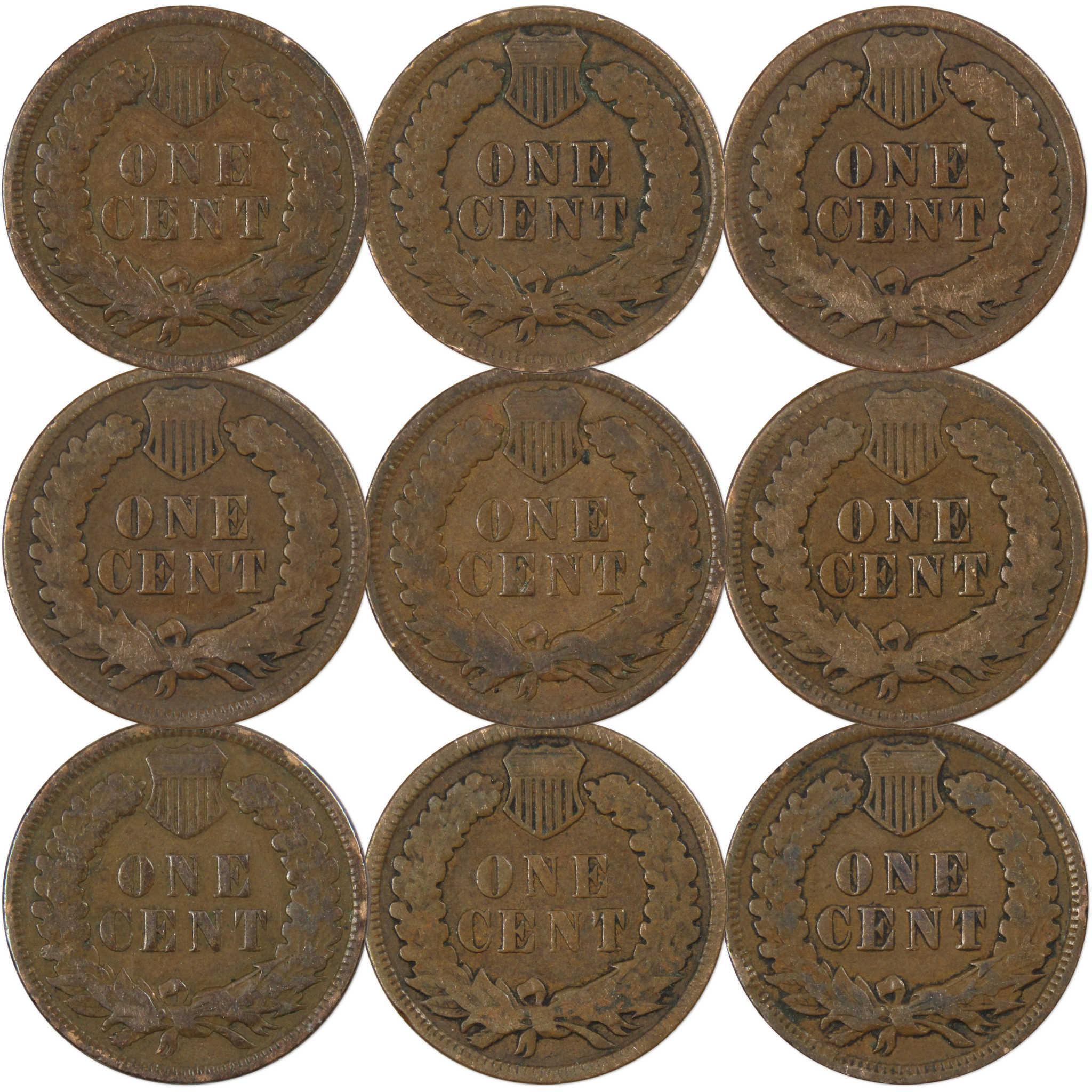 1900-1908 1c Indian Head Cent Penny 9 Coin Collectible Gift Set AG About Good