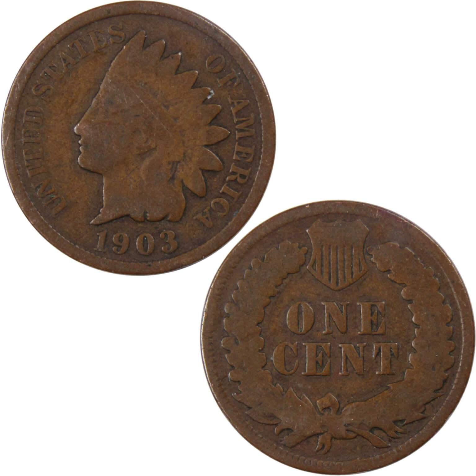 1903 Indian Head Cent AG About Good Bronze Penny 1c Coin Collectible