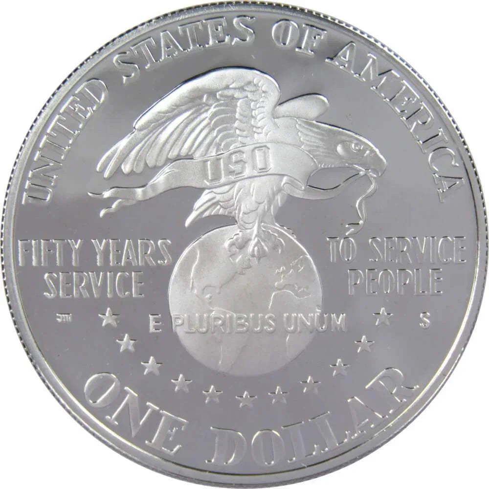 USO 50th Anniversary Commemorative 1991 S 90% Silver Dollar Proof $1 Coin
