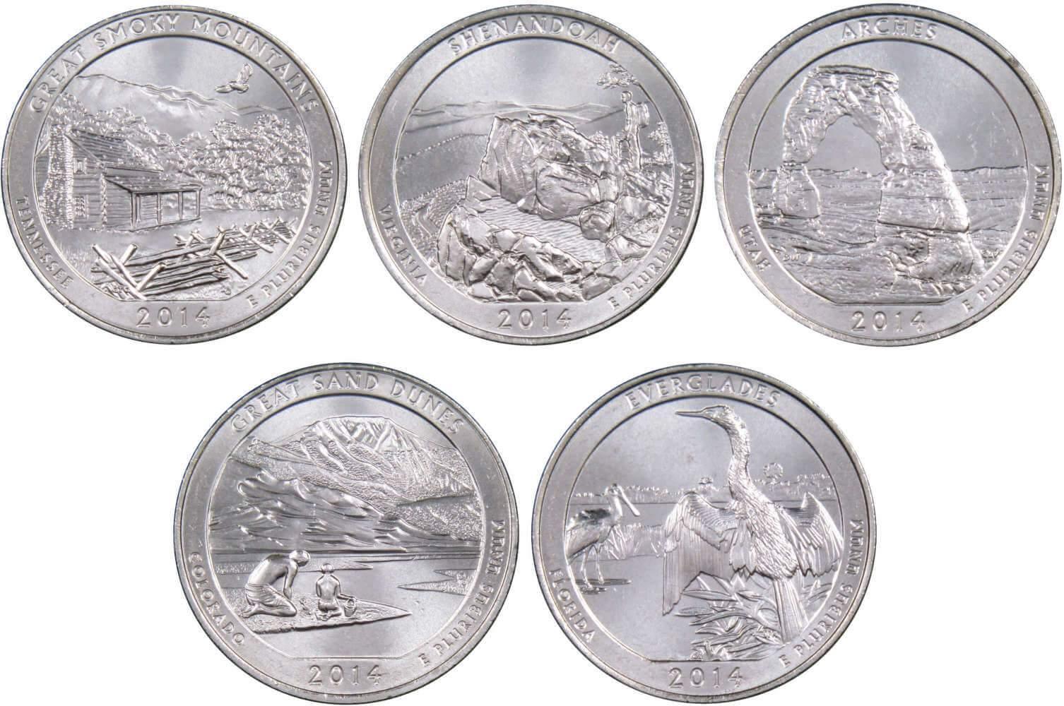 2014 D National Park Quarter 5 Coin Set Uncirculated Mint State 25c Collectible