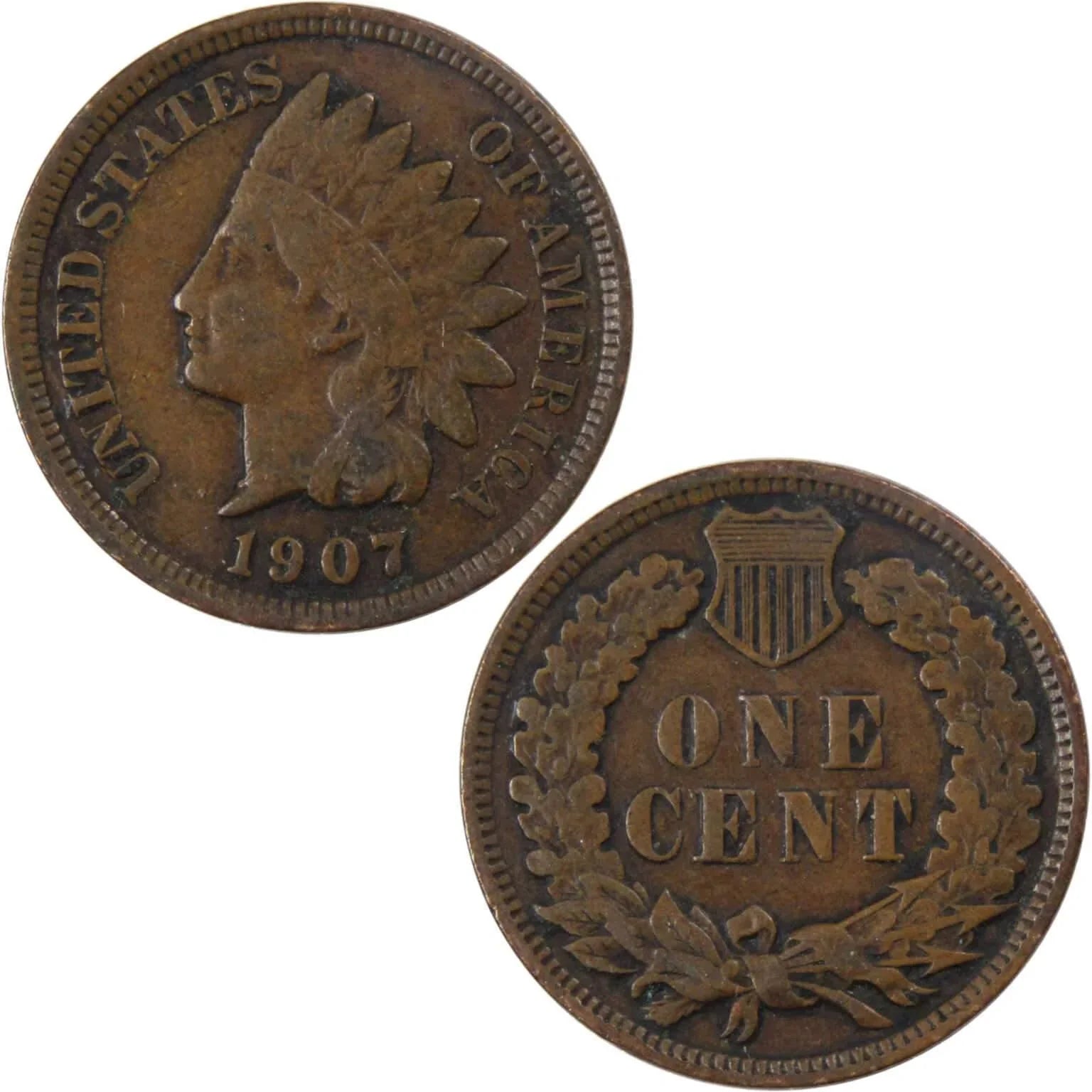 1907 Indian Head Cent F Fine Bronze Penny 1c Coin Collectible