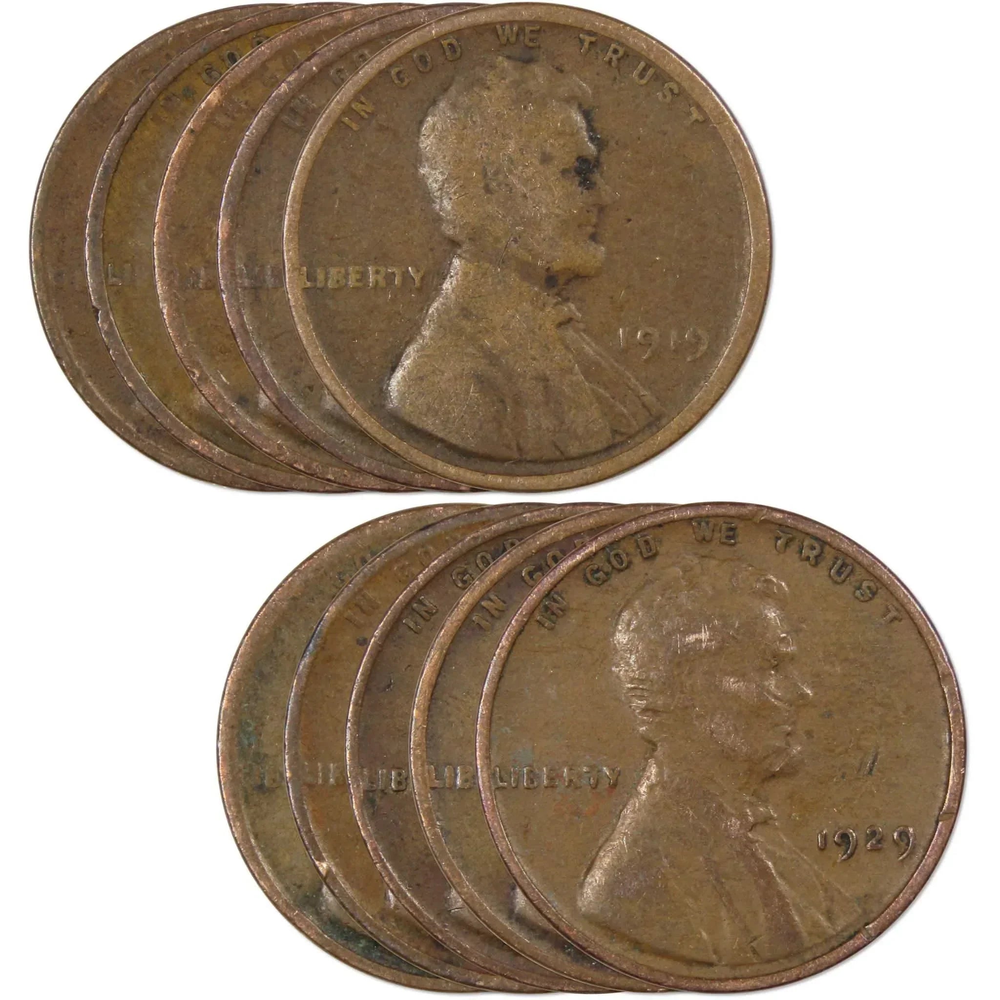 Pre-1930 Lincoln Wheat Cent 10 Piece Set Bronze Penny 1c US Coin Collectible