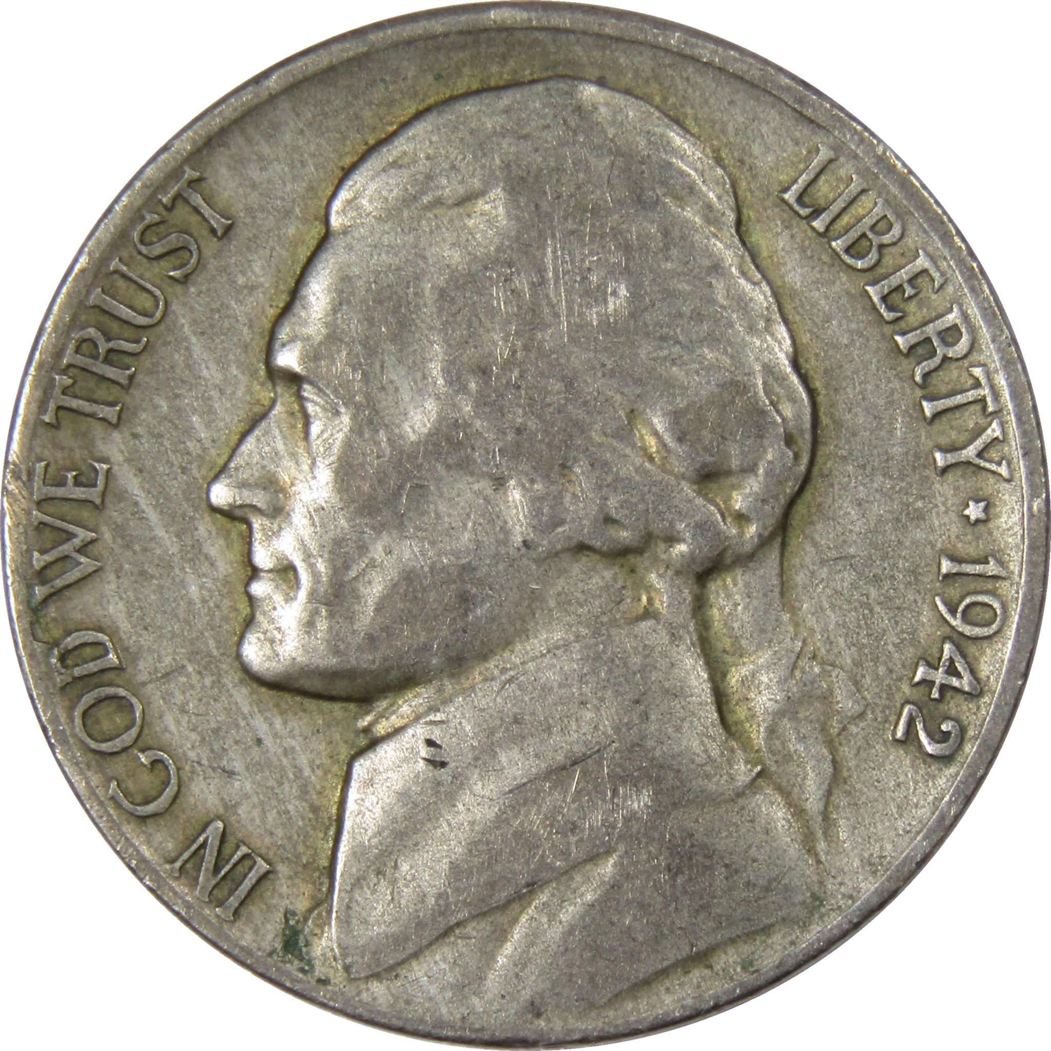 1942 S Jefferson Wartime Nickel AG About Good 35% Silver 5c US Coin Collectible