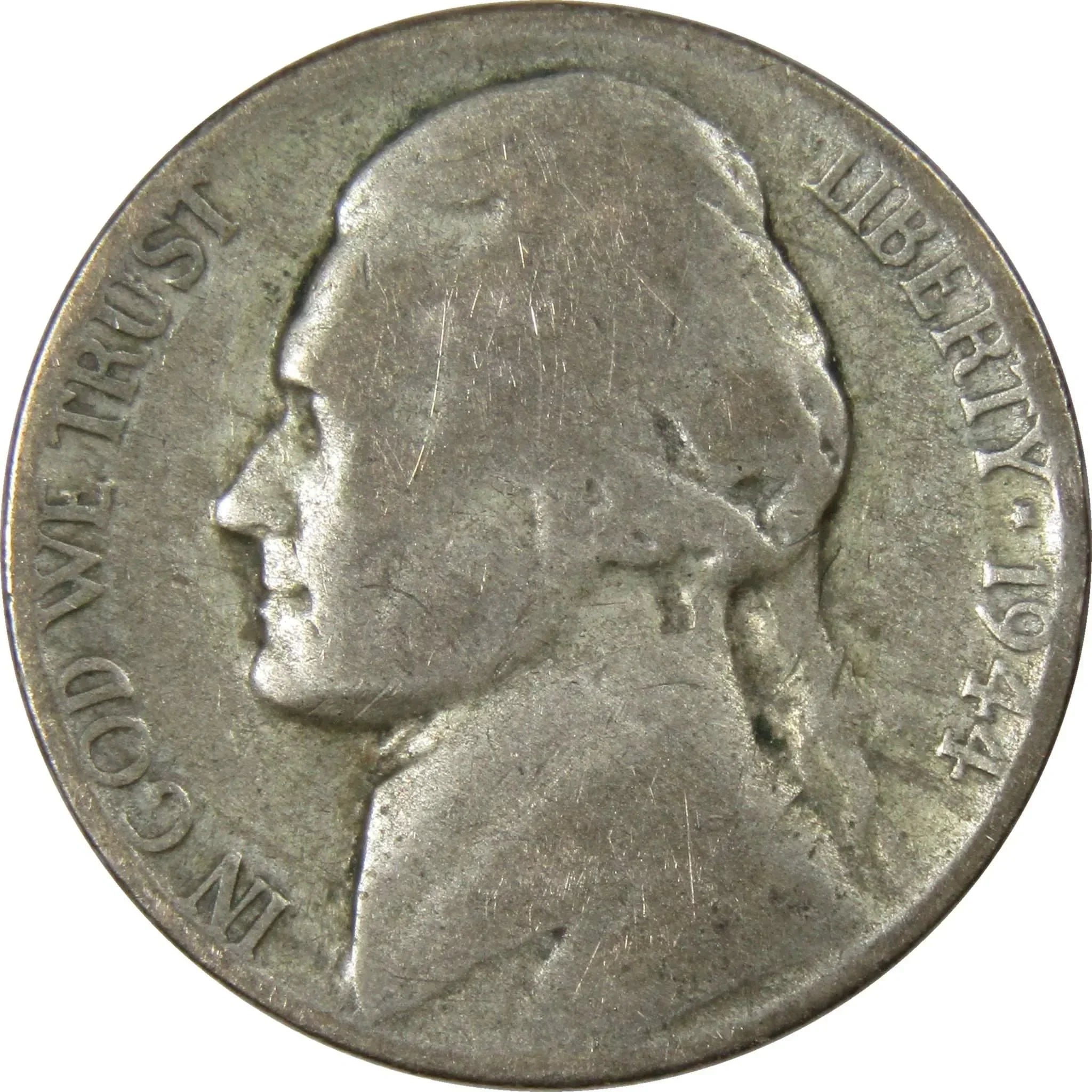 1944 P Jefferson Wartime Nickel AG About Good 35% Silver 5c US Coin Collectible