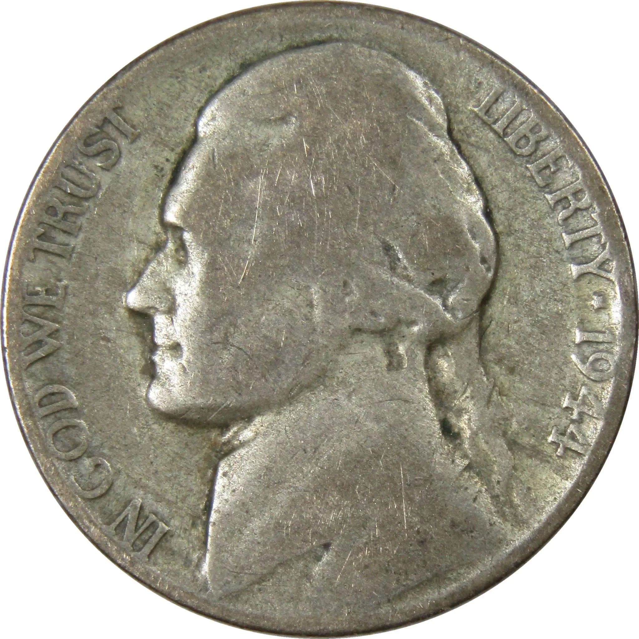 1944 P Jefferson Wartime Nickel AG About Good 35% Silver 5c US Coin Collectible