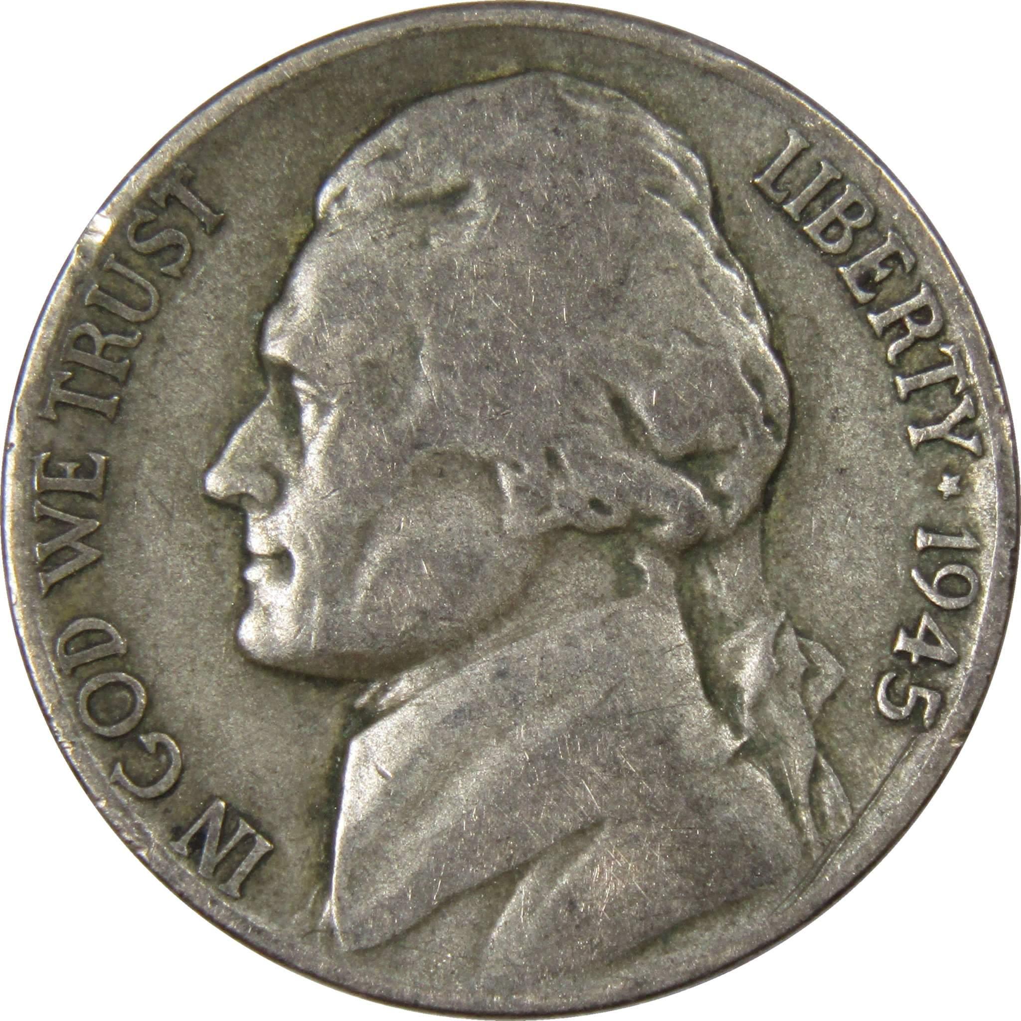 1945 D Jefferson Wartime Nickel AG About Good 35% Silver 5c US Coin Collectible