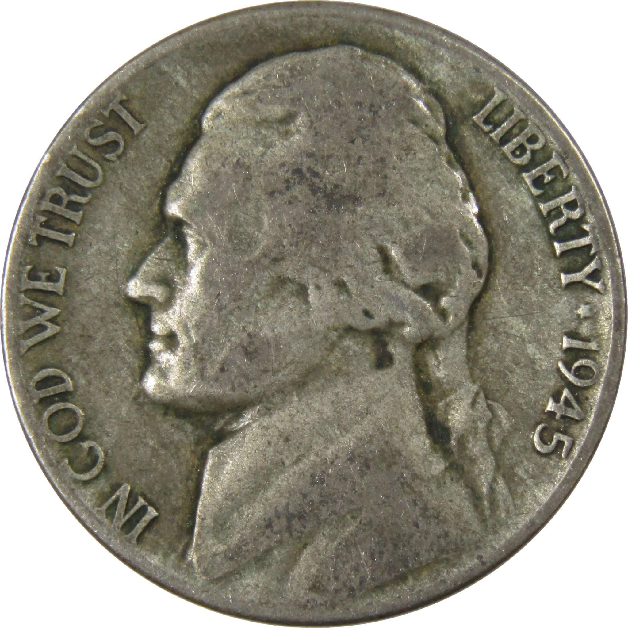 1945 S Jefferson Wartime Nickel AG About Good 35% Silver 5c US Coin Collectible