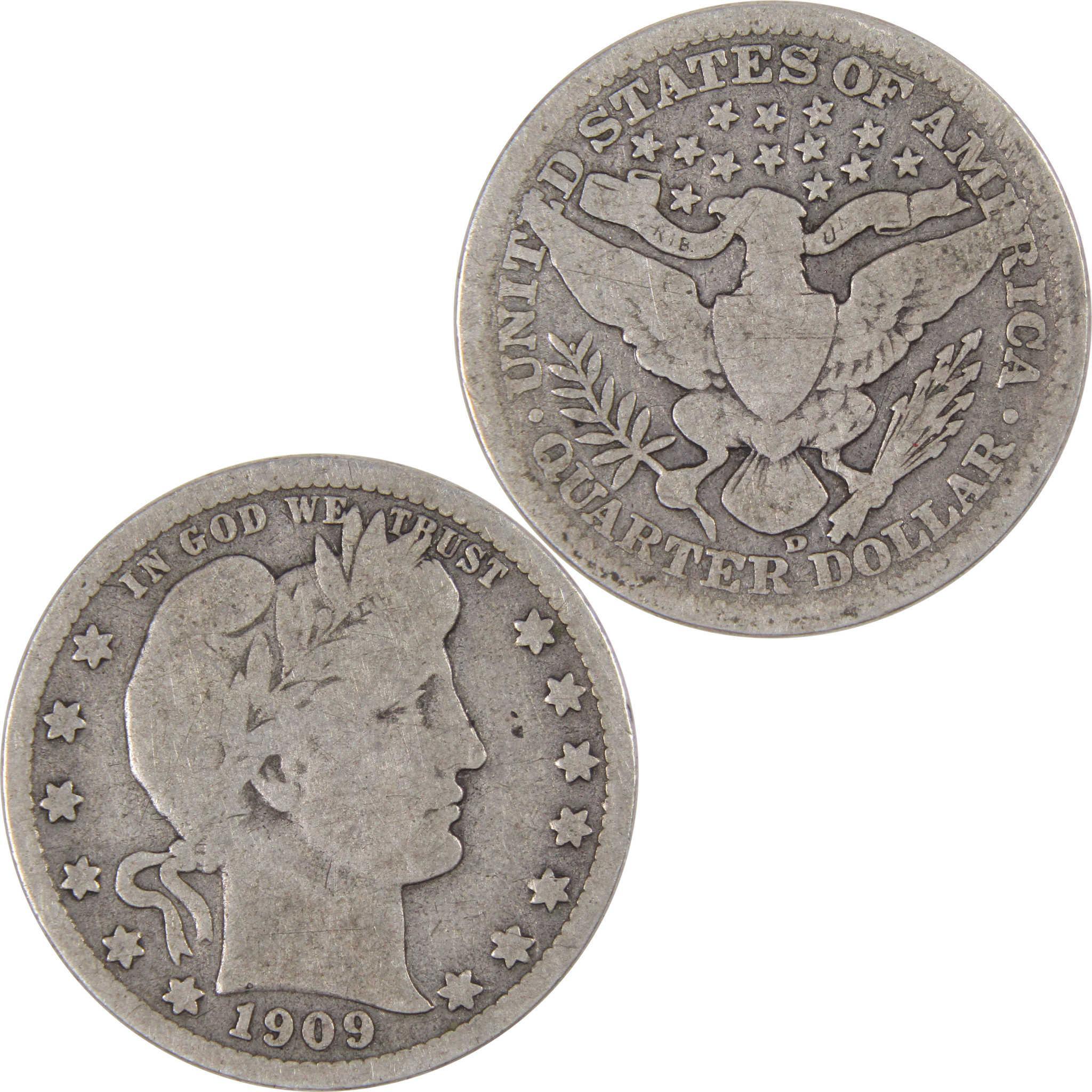 1909 D Barber Quarter G Good 90% Silver 25c US Type Coin Collectible