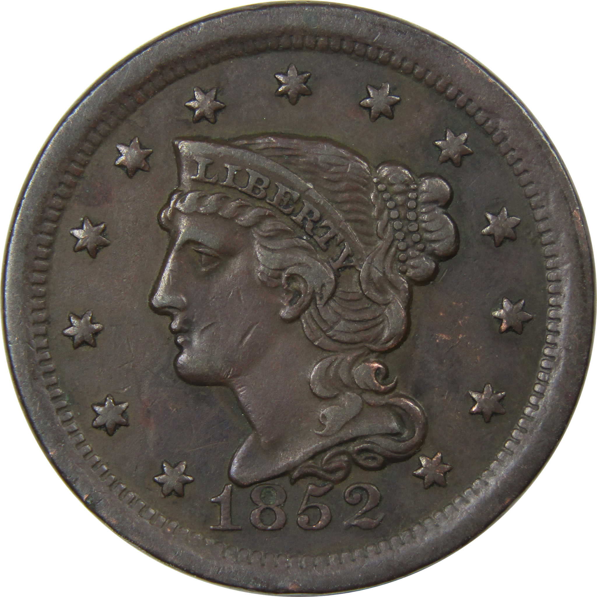 1853 Braided Hair Large Cent, PCGS MS62 Brown