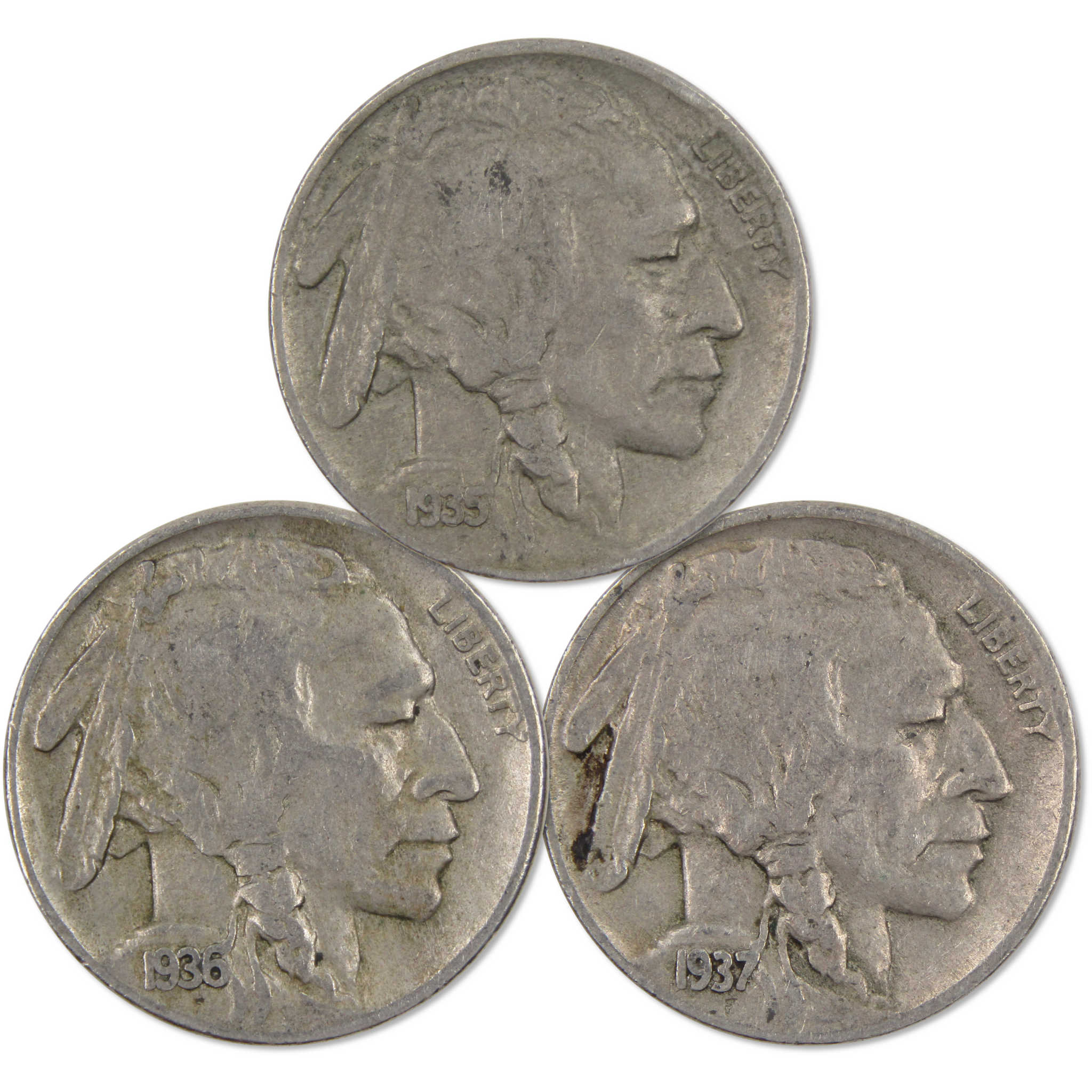 1935-1937 Indian Head Buffalo Nickel 3 Coin All-Mint Set F Fine Collectible Gift