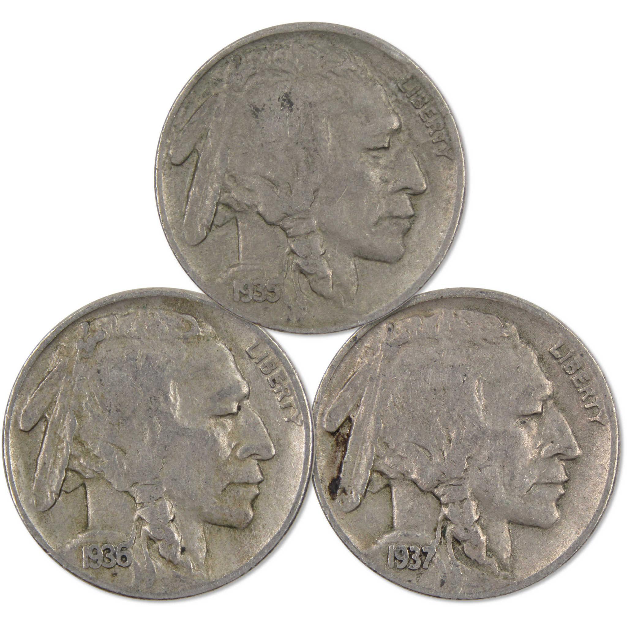 1935-1937 Indian Head Buffalo Nickel 3 Coin All-Mint Set F Fine Collectible Gift