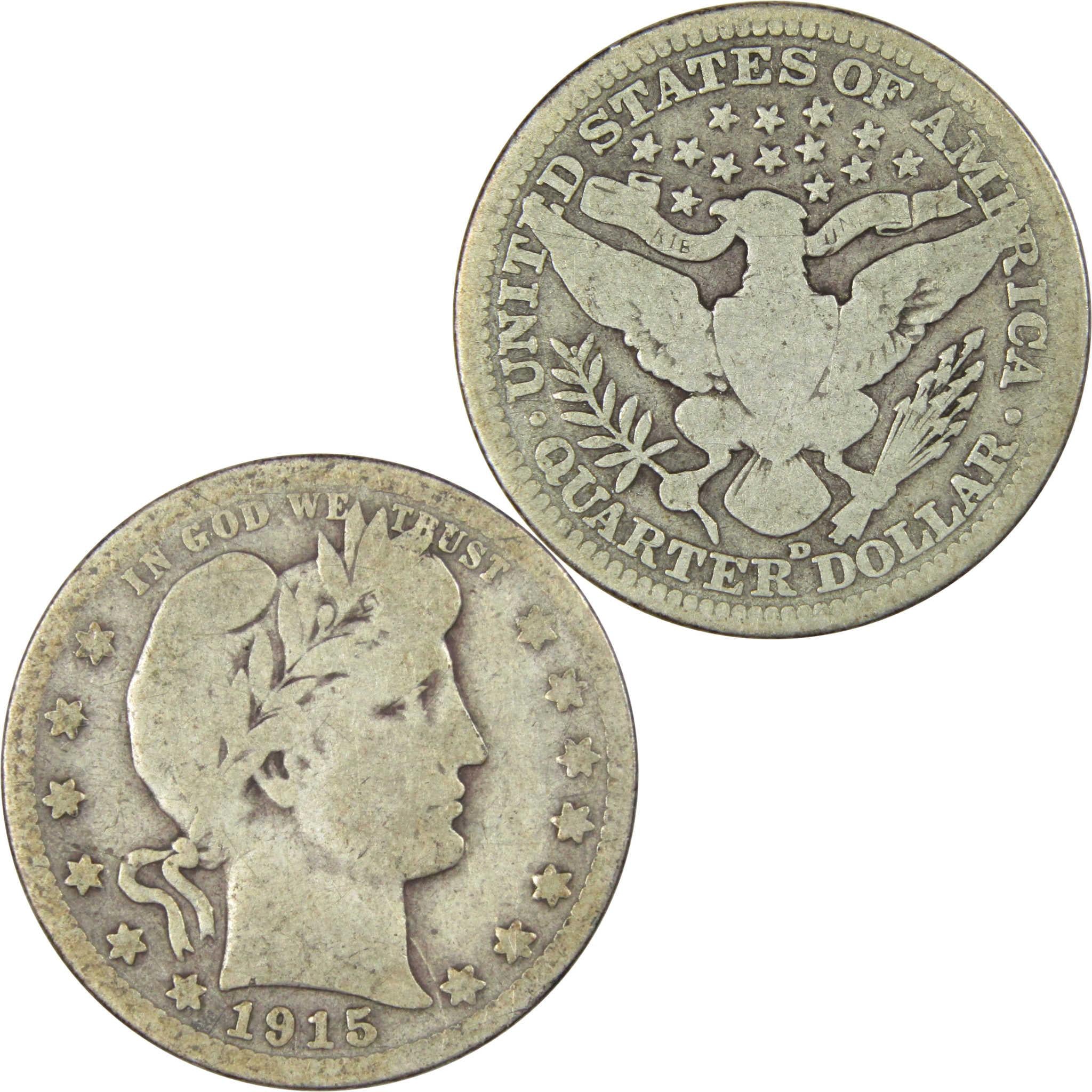 1915 D Barber Quarter AG About Good 90% Silver 25c US Type Coin Collectible