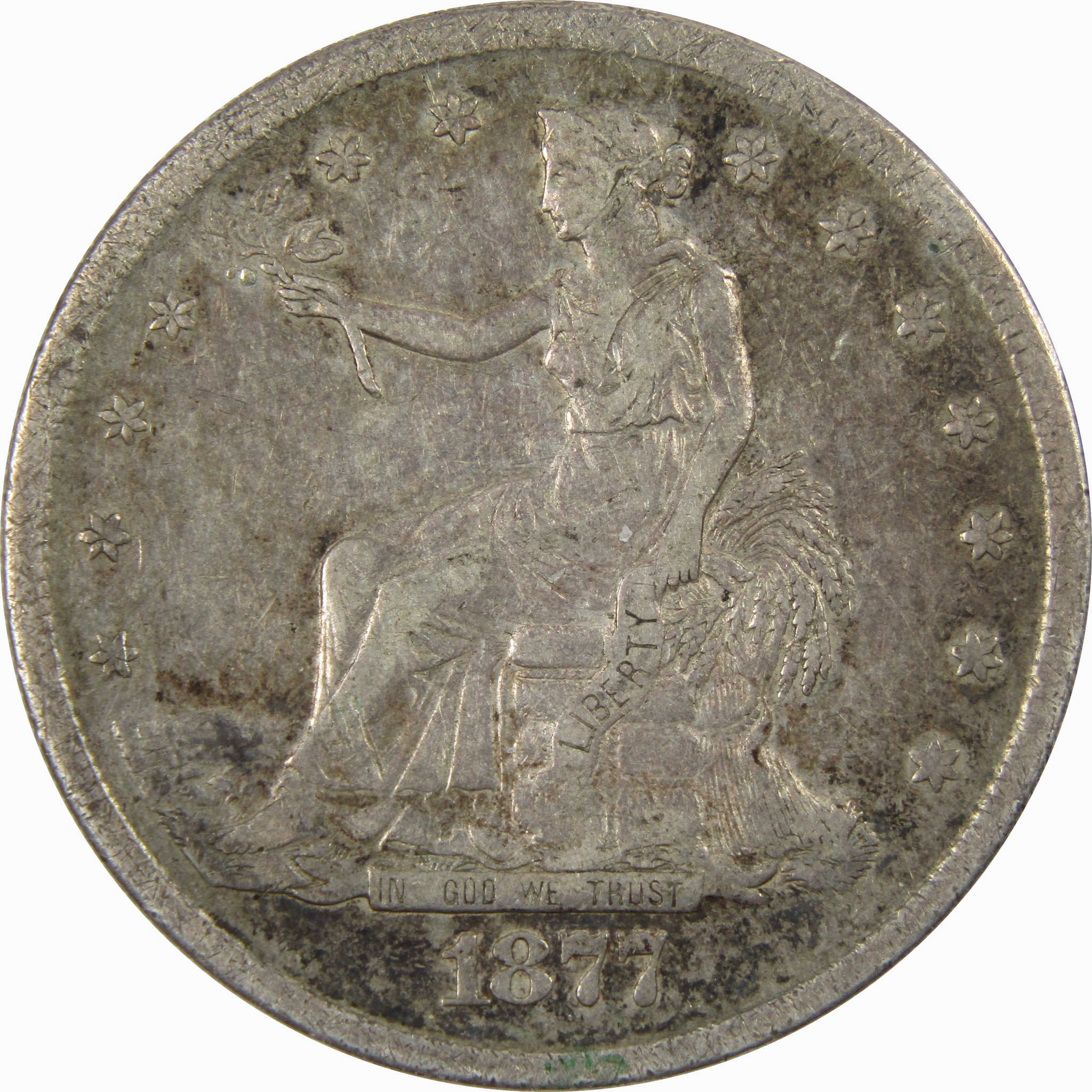 1877 Trade Dollar VF Very Fine Details 90% Silver $1 Coin SKU:I4353