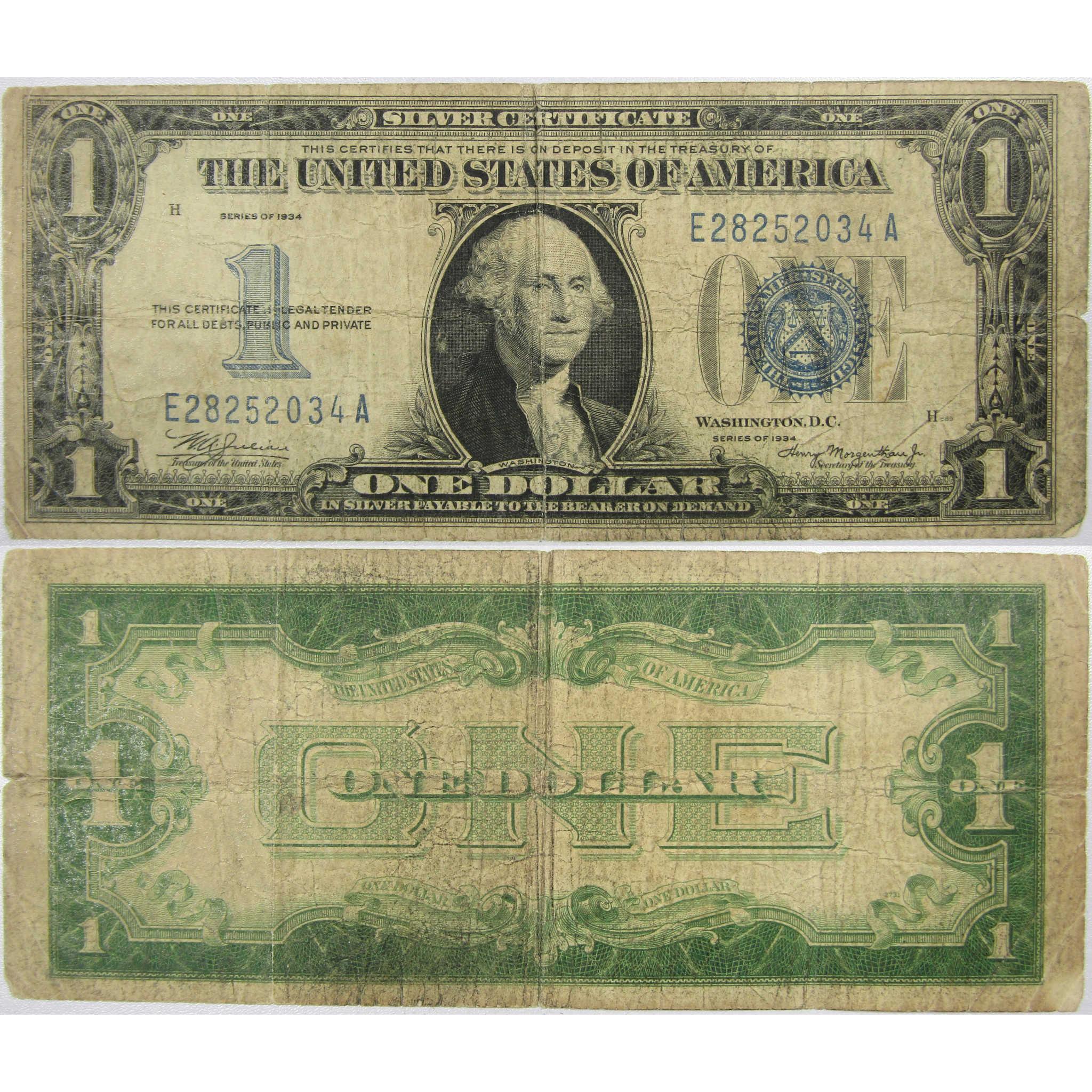 1934 $1 Silver Certificate Funnyback Small Size Currency VG Very Good