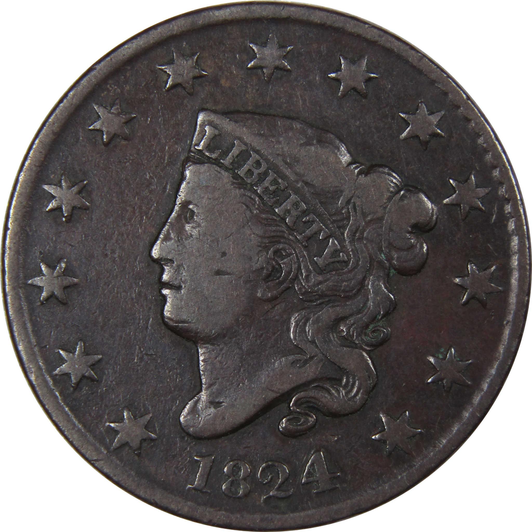 1824 Coronet Head Large Cent VF Very Fine Copper Penny 1c SKU:IPC8543