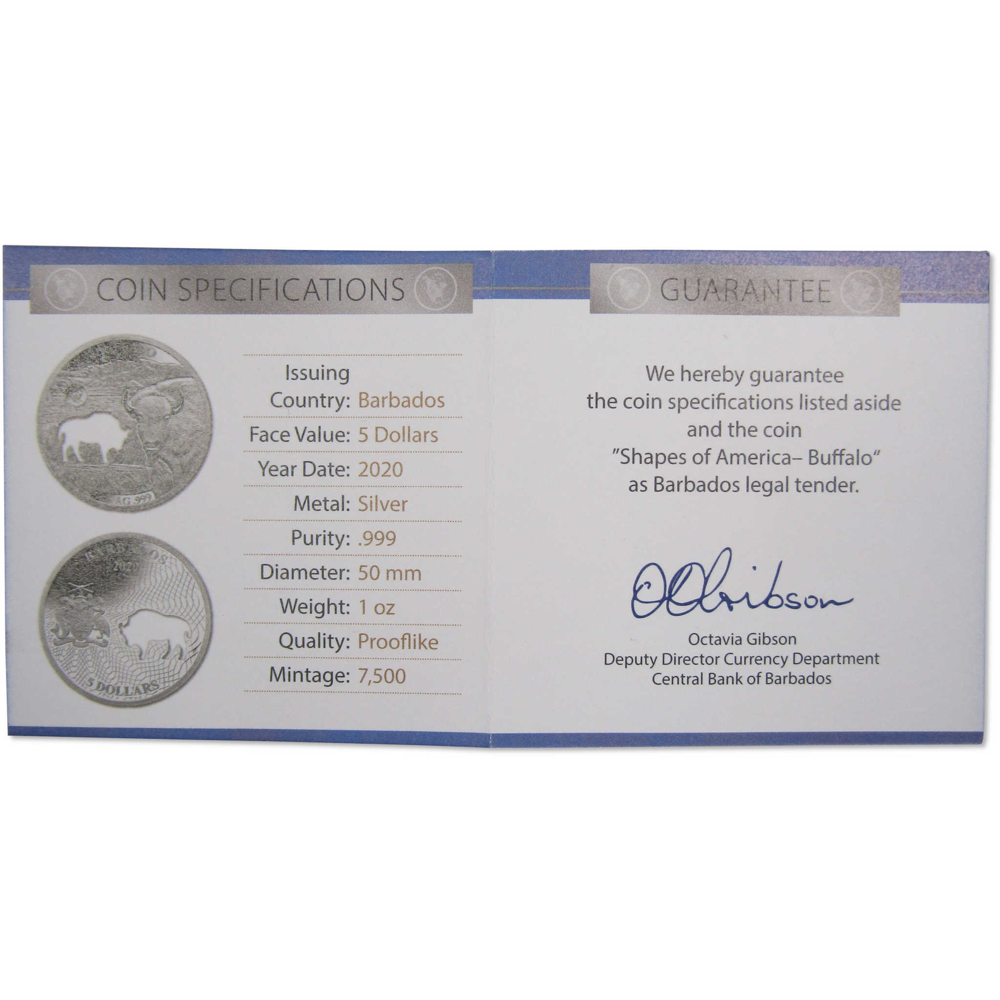 Shapes of America Buffalo 1 oz .999 Silver $5 Proof-Like Coin 2020 Barbados COA