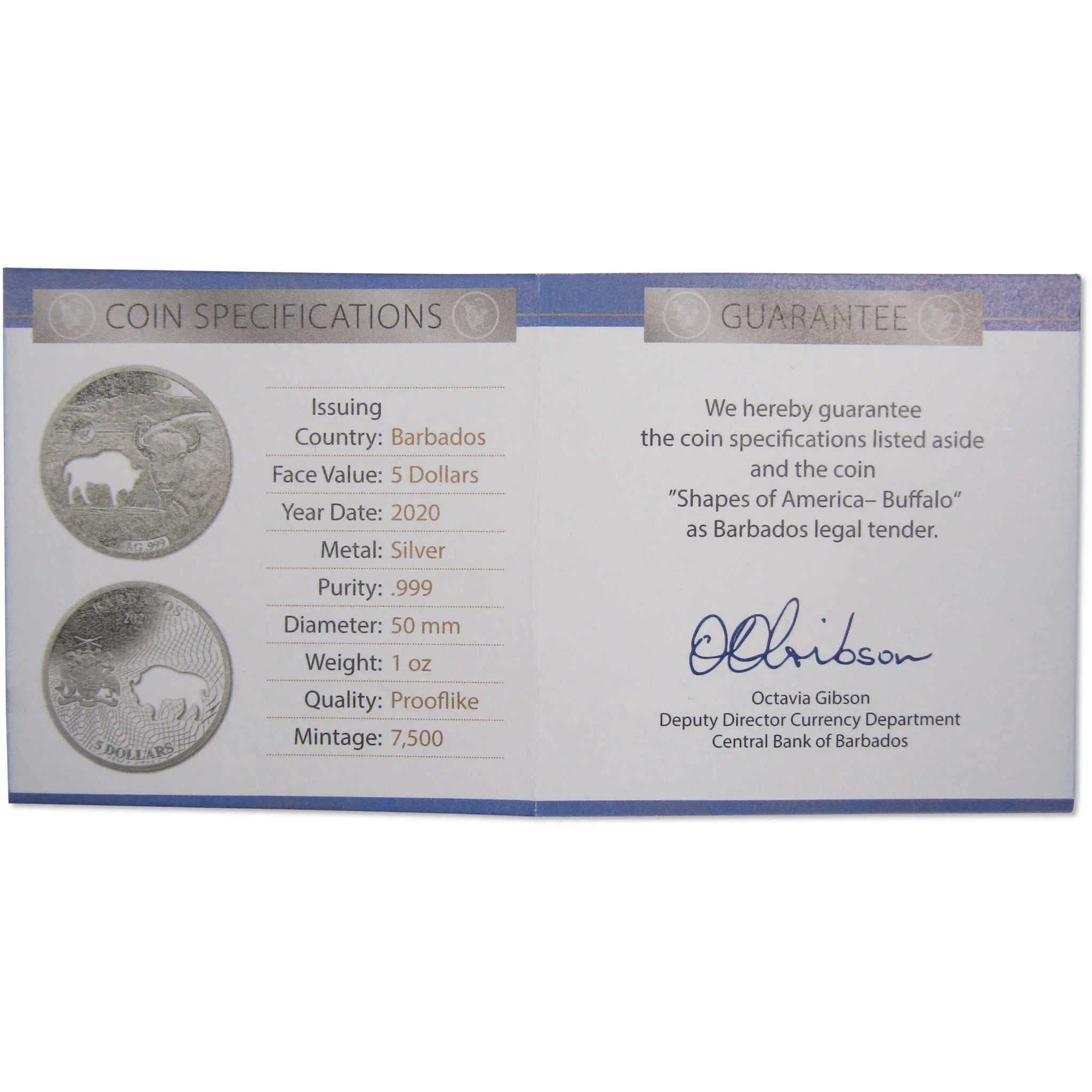 Shapes of America Buffalo 1 oz .999 Silver $5 Proof-Like Coin 2020 Barbados COA