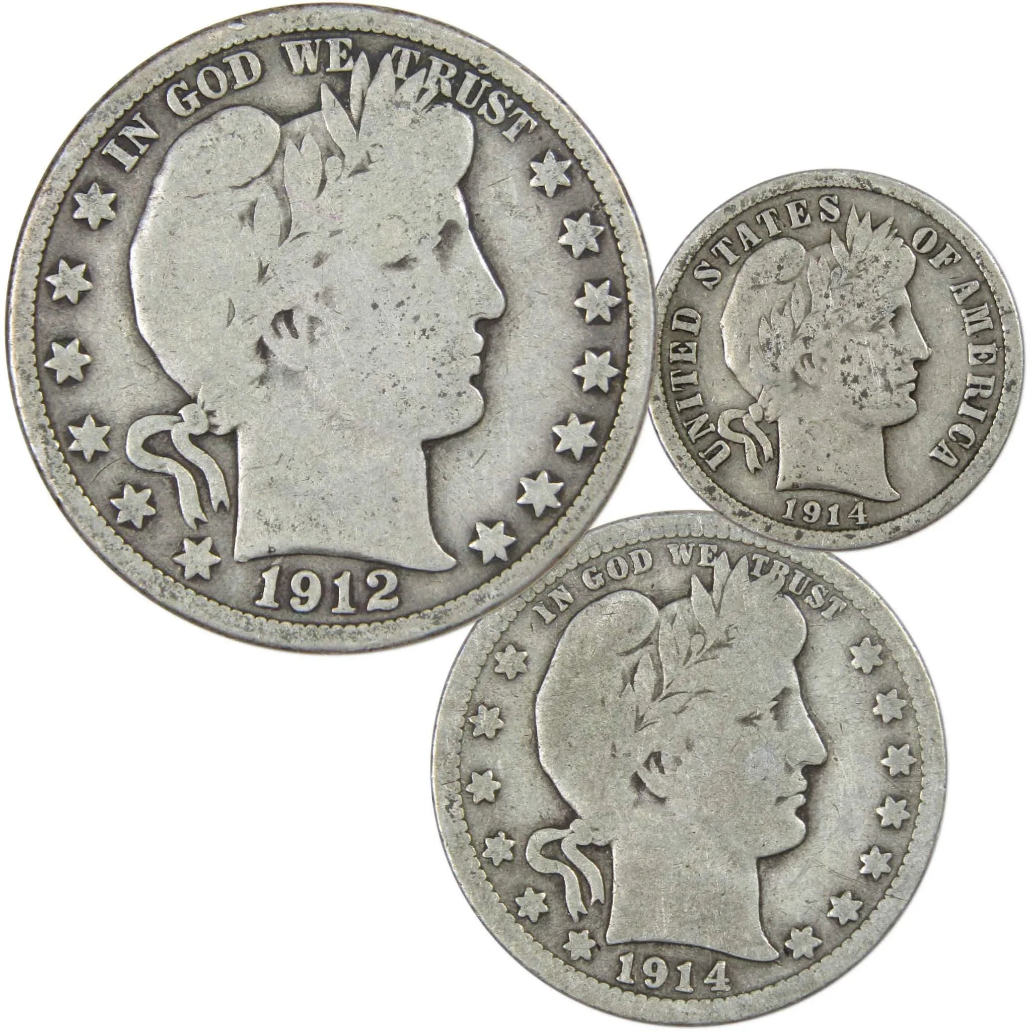 Barber Type Silver Coin 3-piece Set Dime Quarter Half Dollar Very Good