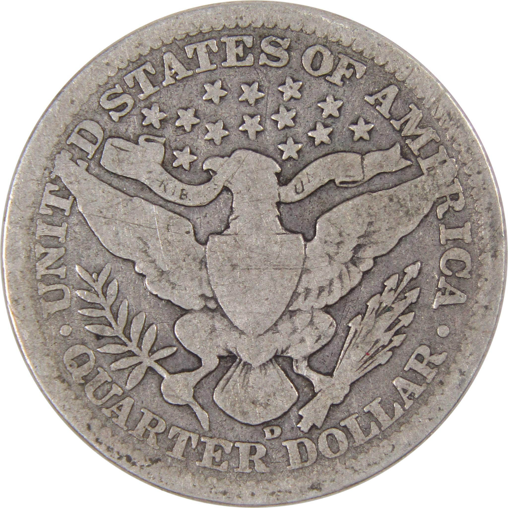 1909 D Barber Quarter G Good 90% Silver 25c US Type Coin Collectible