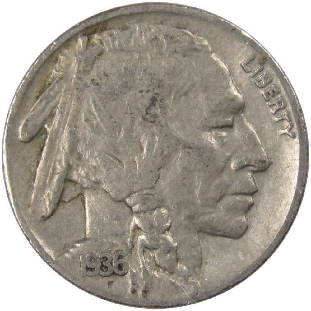 1936 S Indian Head Buffalo Nickel 5 Cent Piece F Fine 5c US Coin Collectible