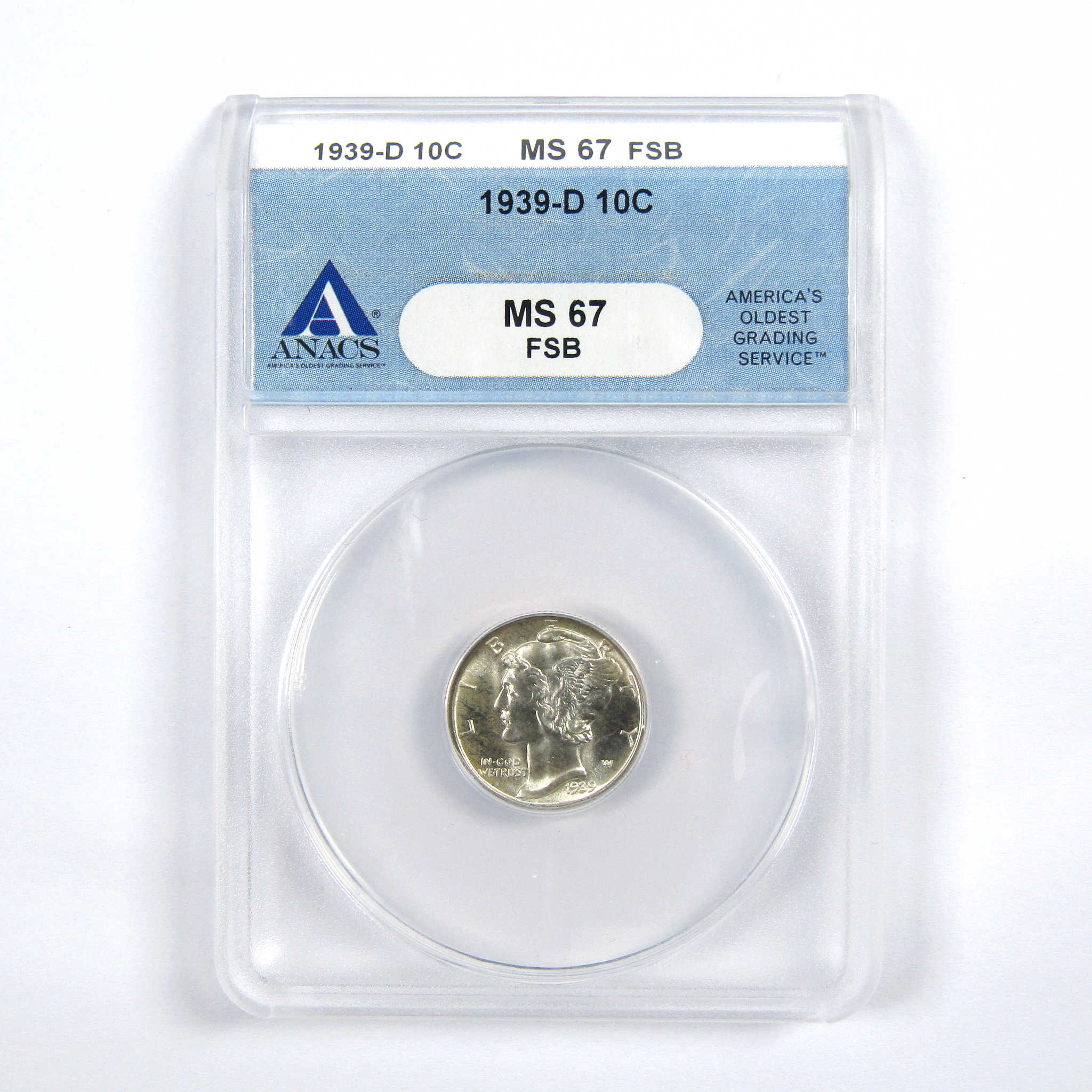 1939 D Mercury Dime MS 67 FSB ANACS 90% Silver Uncirculated SKU:I5787