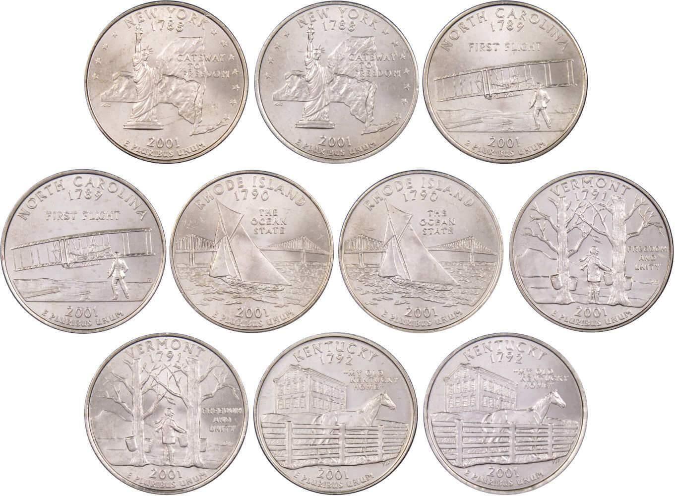 2001 P&D State Quarter 10 Coin Set BU Uncirculated Mint State 25c Collectible