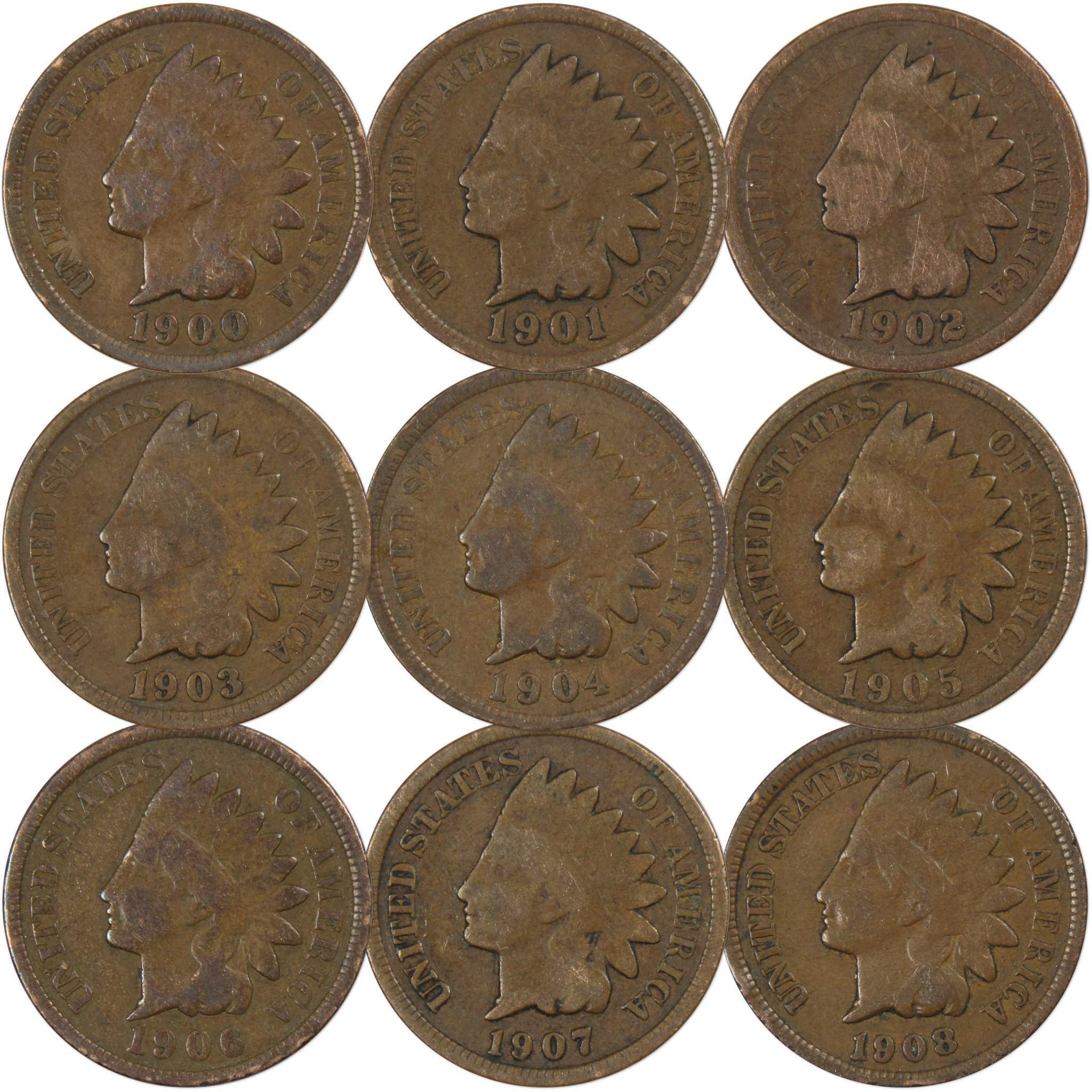 1900-1908 1c Indian Head Cent Penny 9 Coin Collectible Gift Set AG About Good