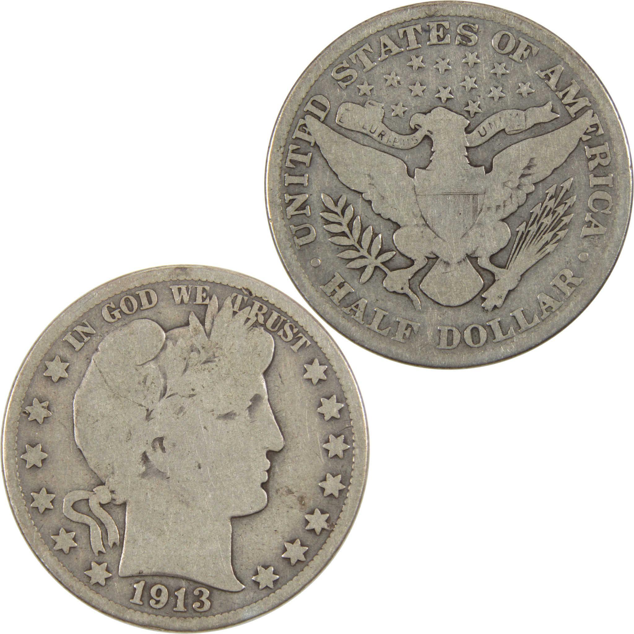 1913 Barber Half Dollar G Good 90% Silver 50c Coin SKU:I7562
