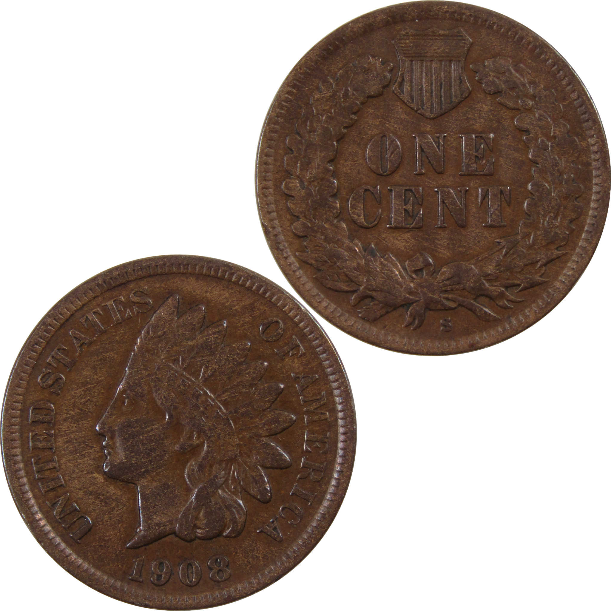 1908 S Indian Head Cent VF Very Fine Bronze Penny 1c US Coin SKU:I3516