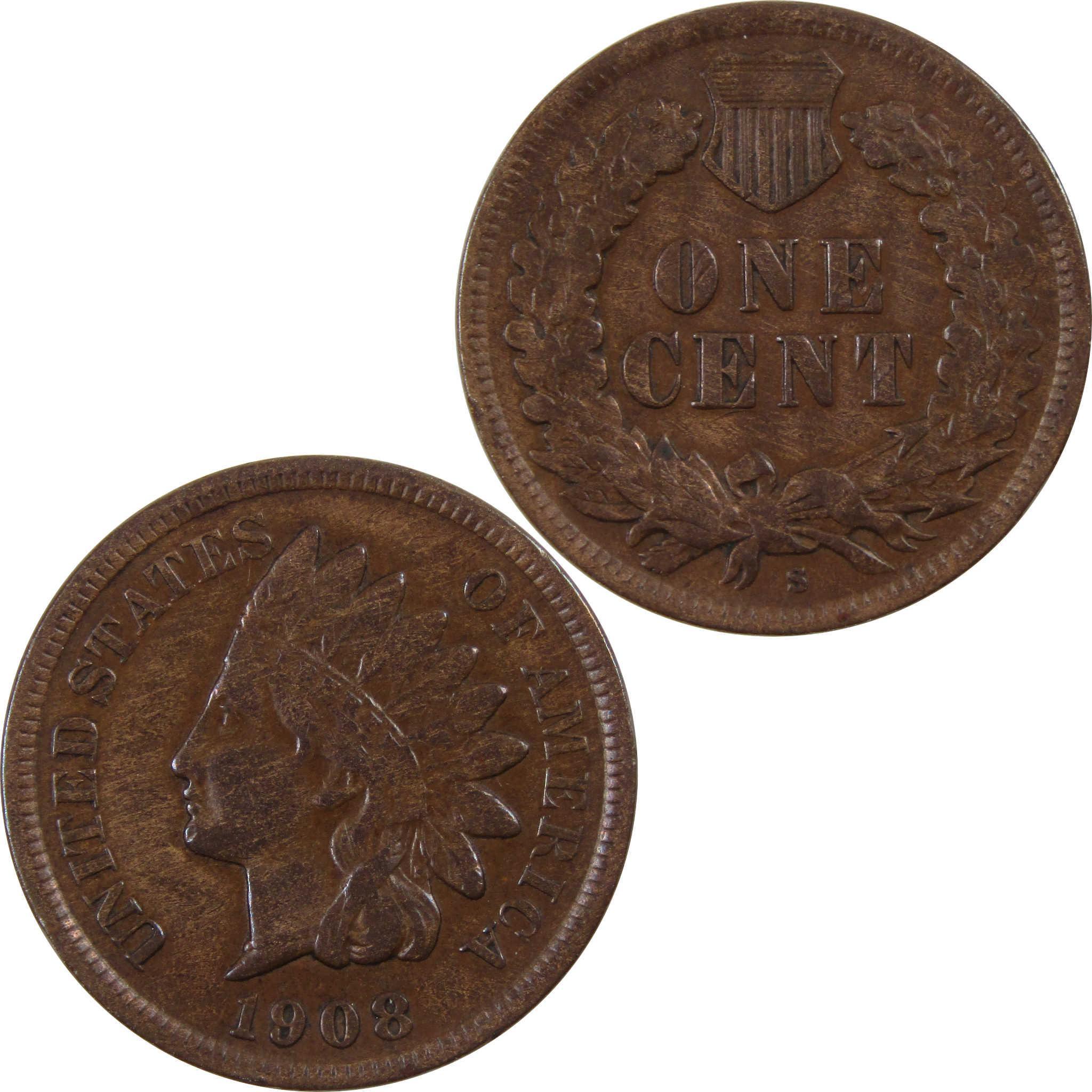 1908 S Indian Head Cent VF Very Fine Bronze Penny 1c US Coin SKU:I3516