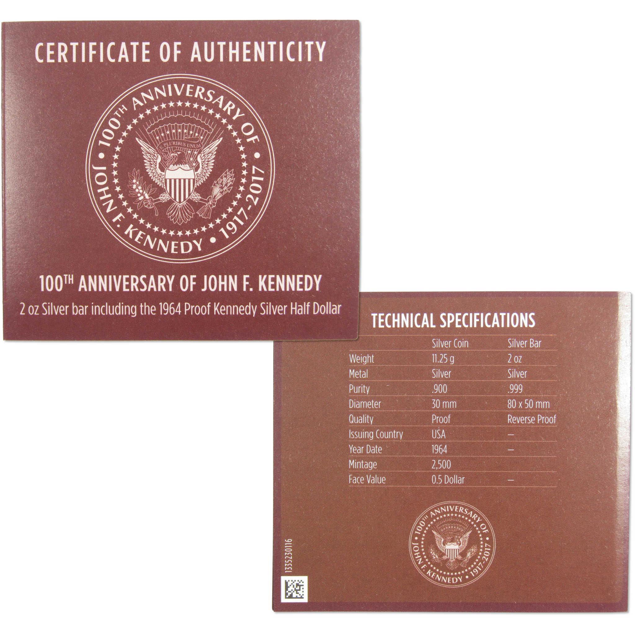 2017 100th Anniversary of John F Kennedy 2 oz .999 Silver Coin & Bar Set COA