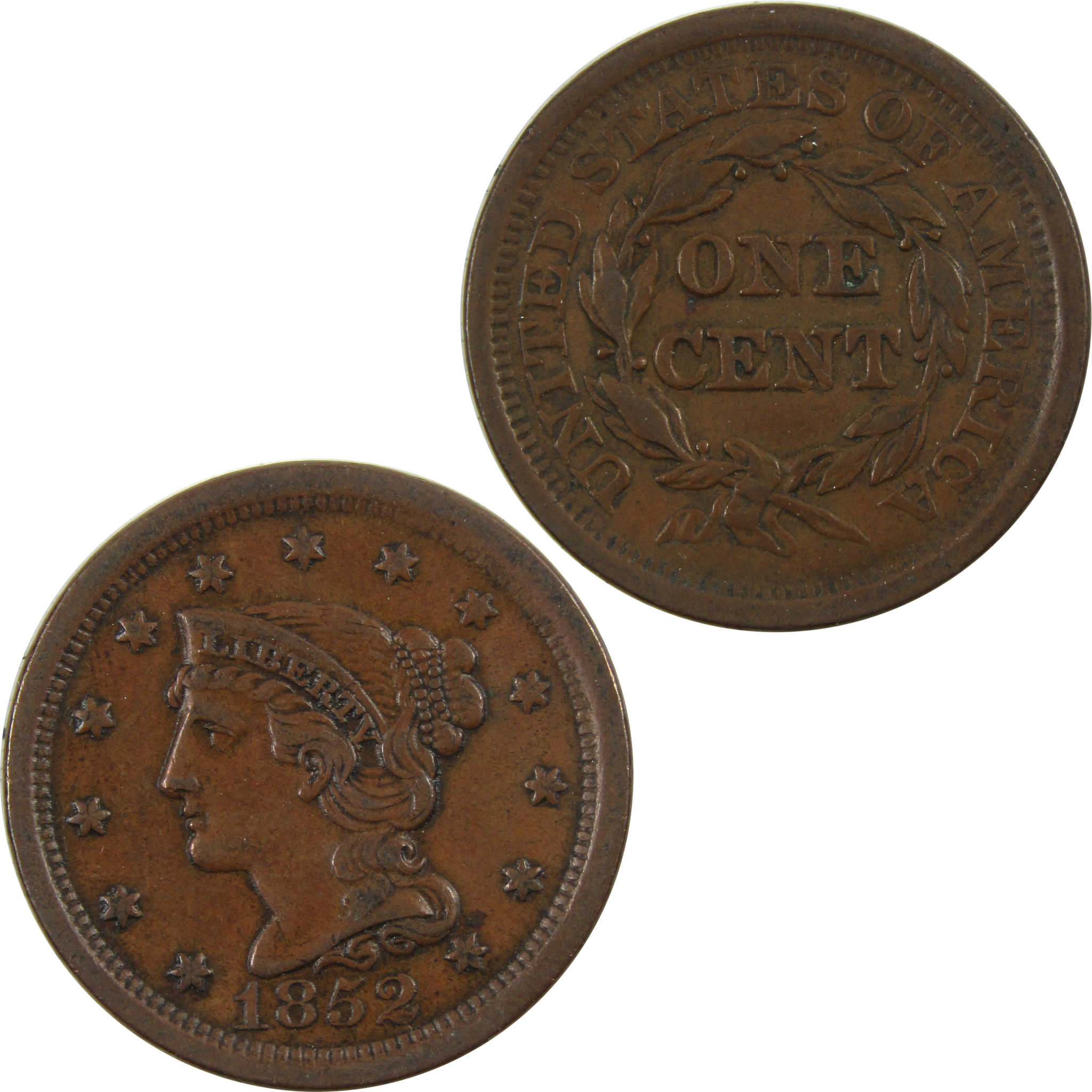 1852 Braided Hair Large Cent AU About Unc Copper Penny SKU:I4722
