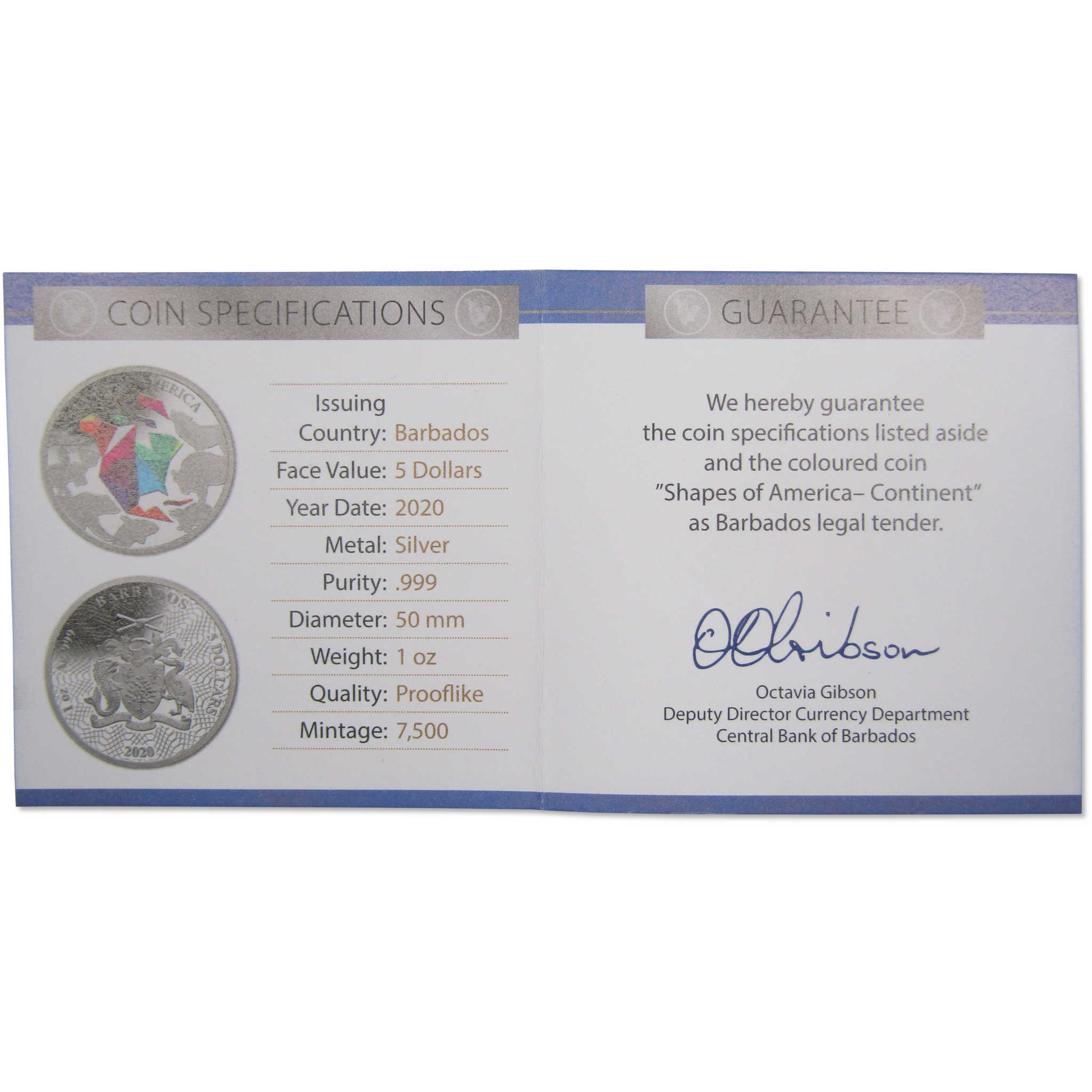 Shapes of America Continent 1 oz .999 Silver $5 Proof-Like 2020 Barbados COA