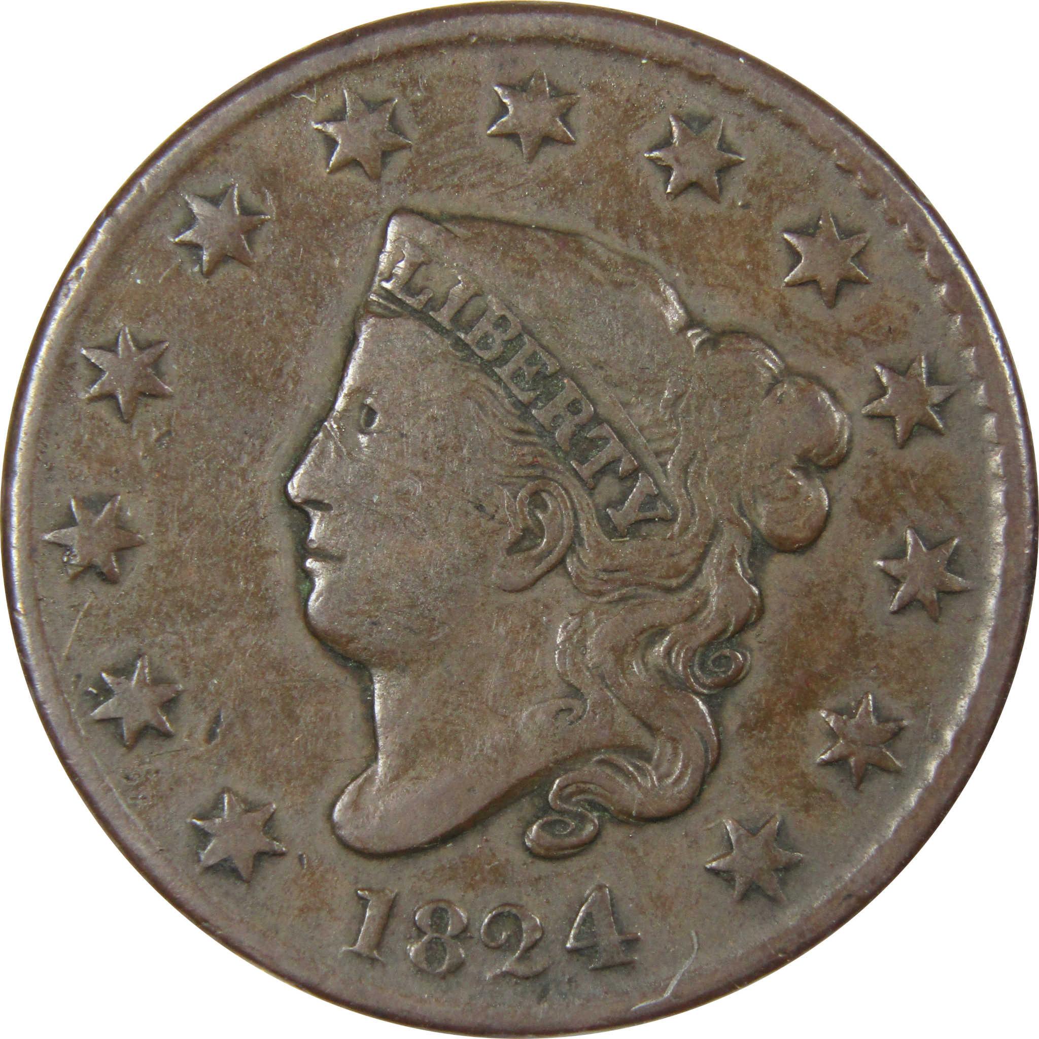 1824 Coronet Head Large Cent F Fine Copper Penny 1c SKU:IPC7267