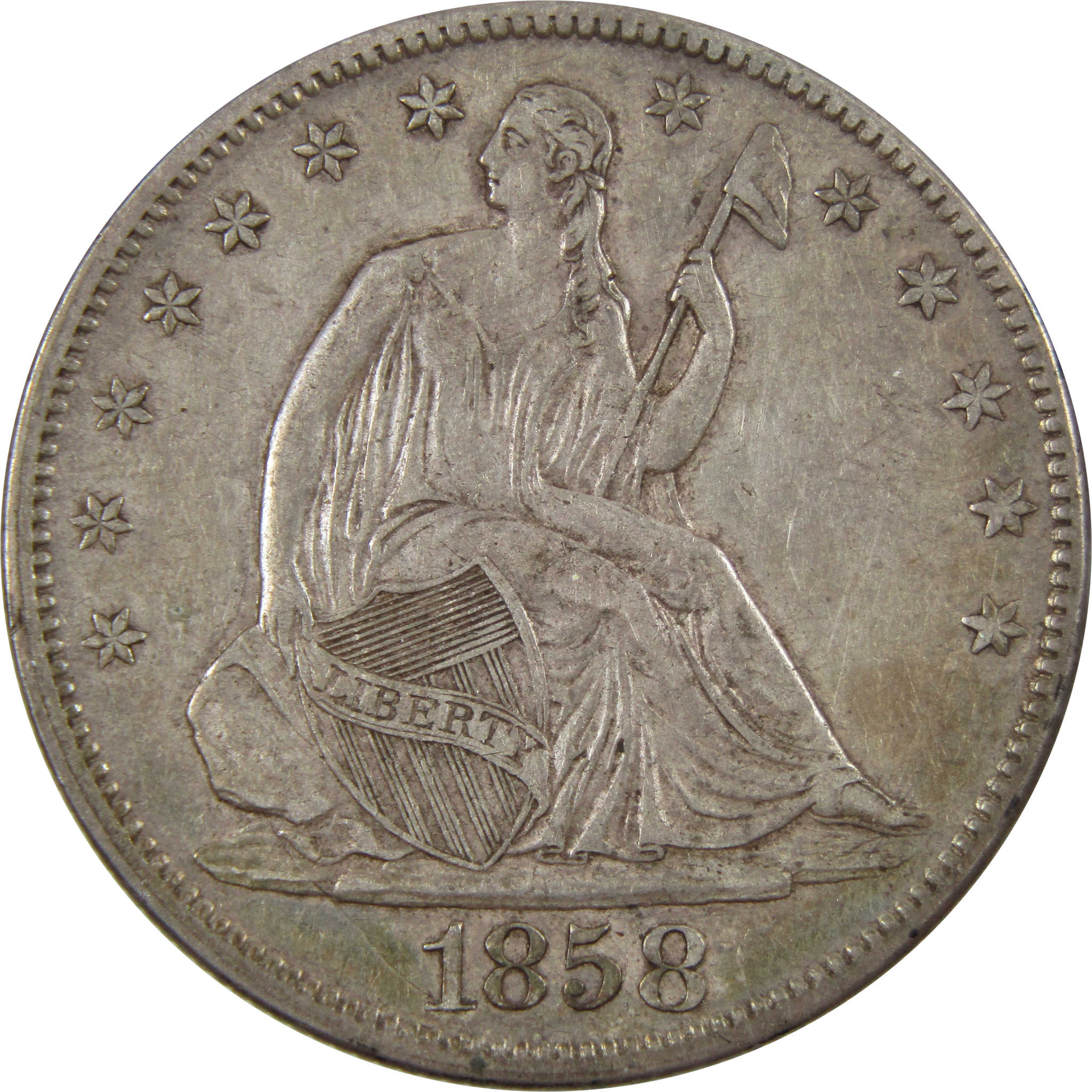 1858 Seated Liberty Half Dollar XF/AU 90% Silver SKU:I4763