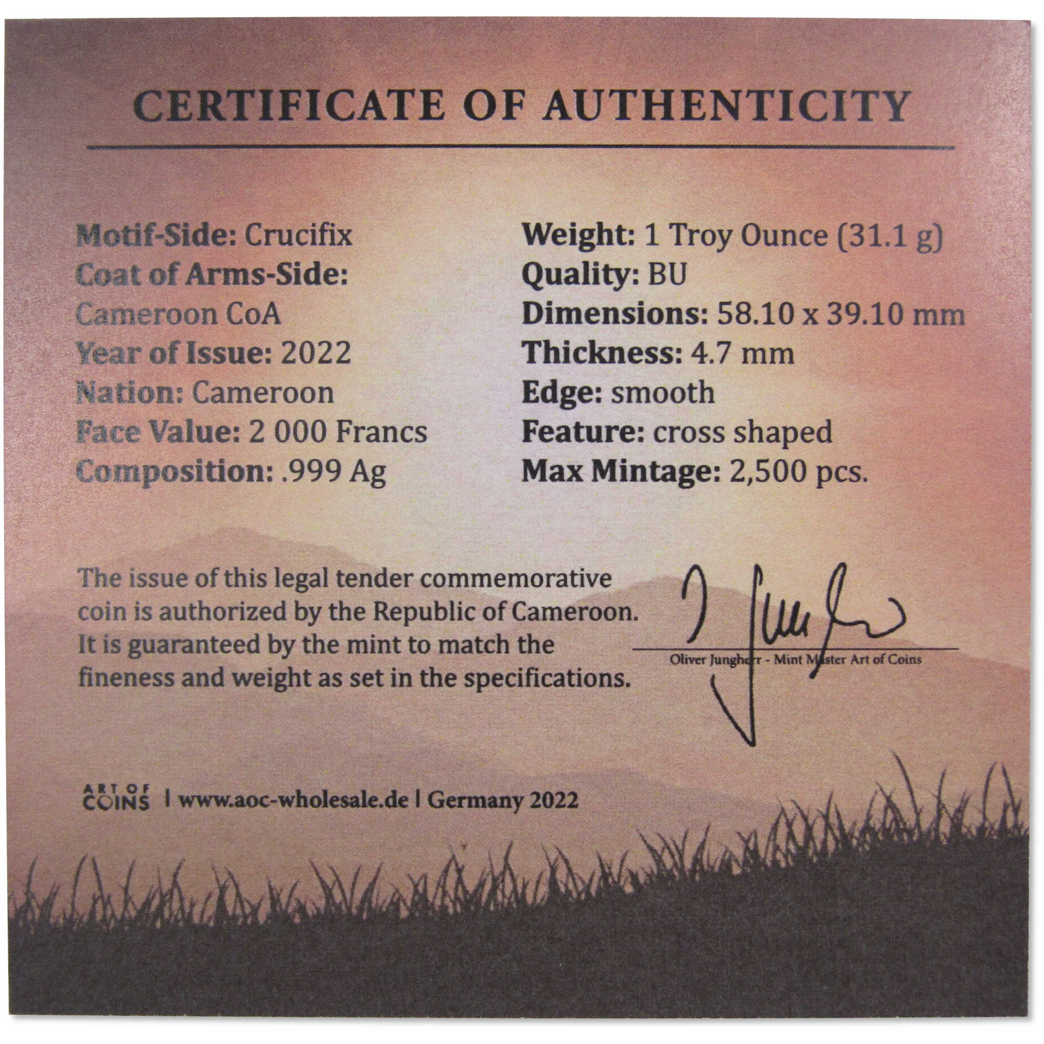 Bernward's Cross Crucifix Shaped 1 oz .999 Silver Coin 2022 Cameroon COA