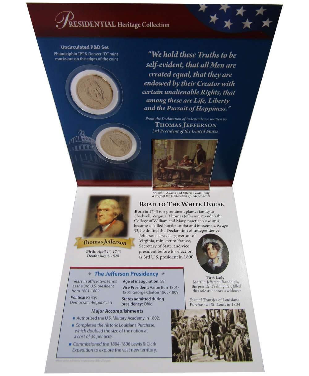 2007 P&D Thomas Jefferson Presidential Dollar 2 Coin Set Uncirculated Bifold