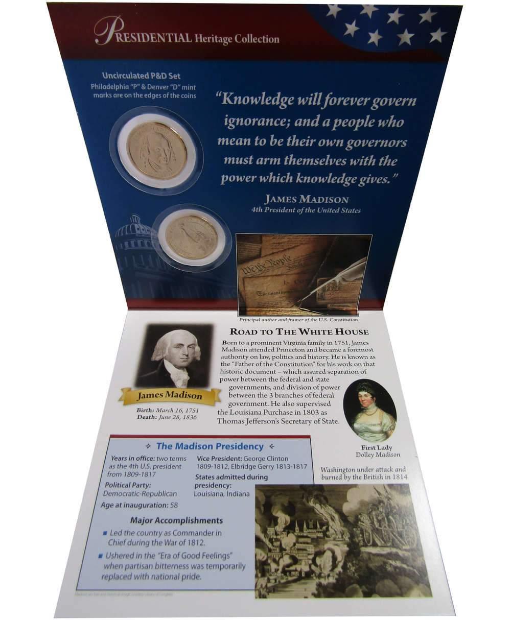 2007 P&D James Madison Presidential Dollar 2 Coin Set Uncirculated Bifold